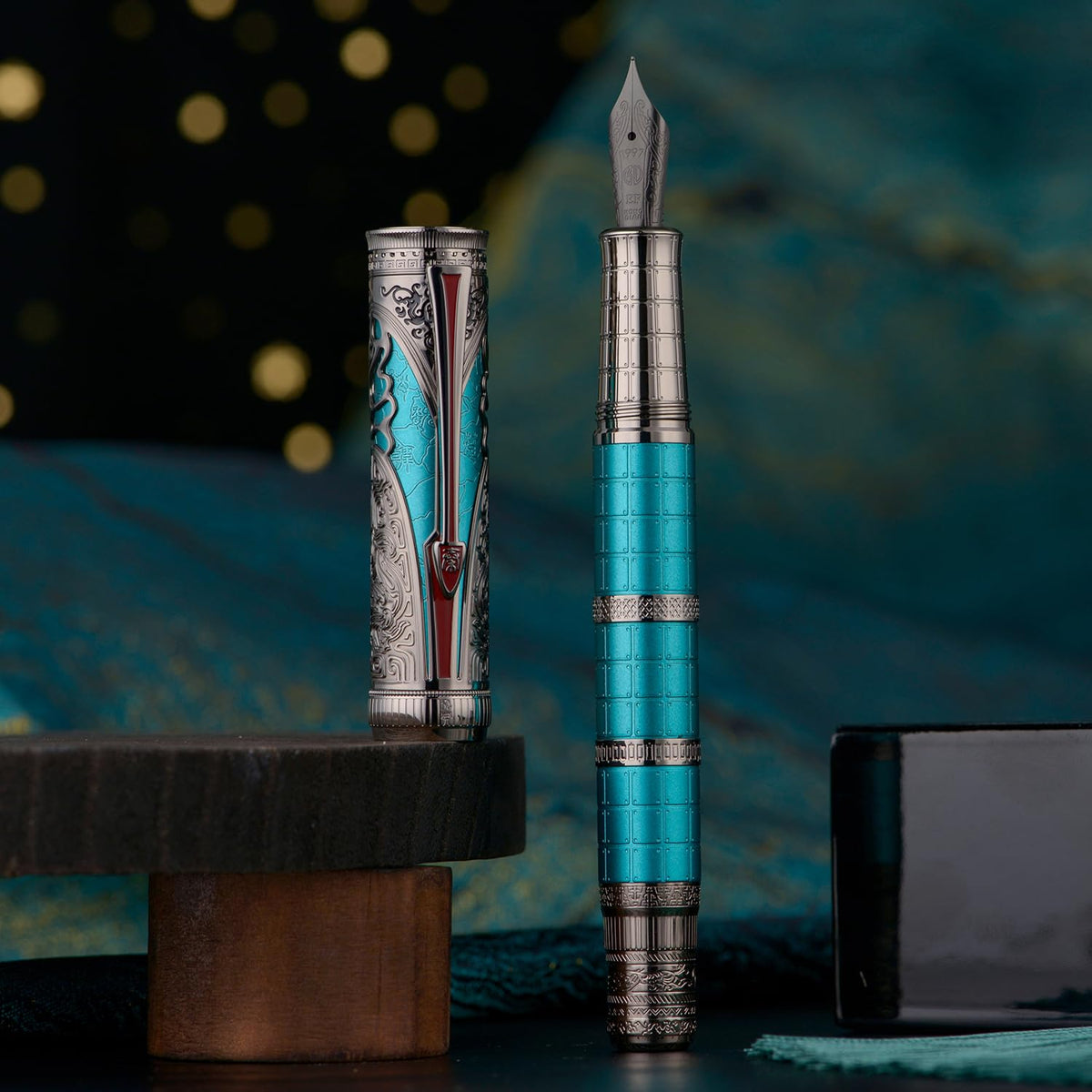 Hongdian D5X Fountain Pen Turquoise Color Fine Nib, Qin Dynasty Retro Chinese Totem Engraving