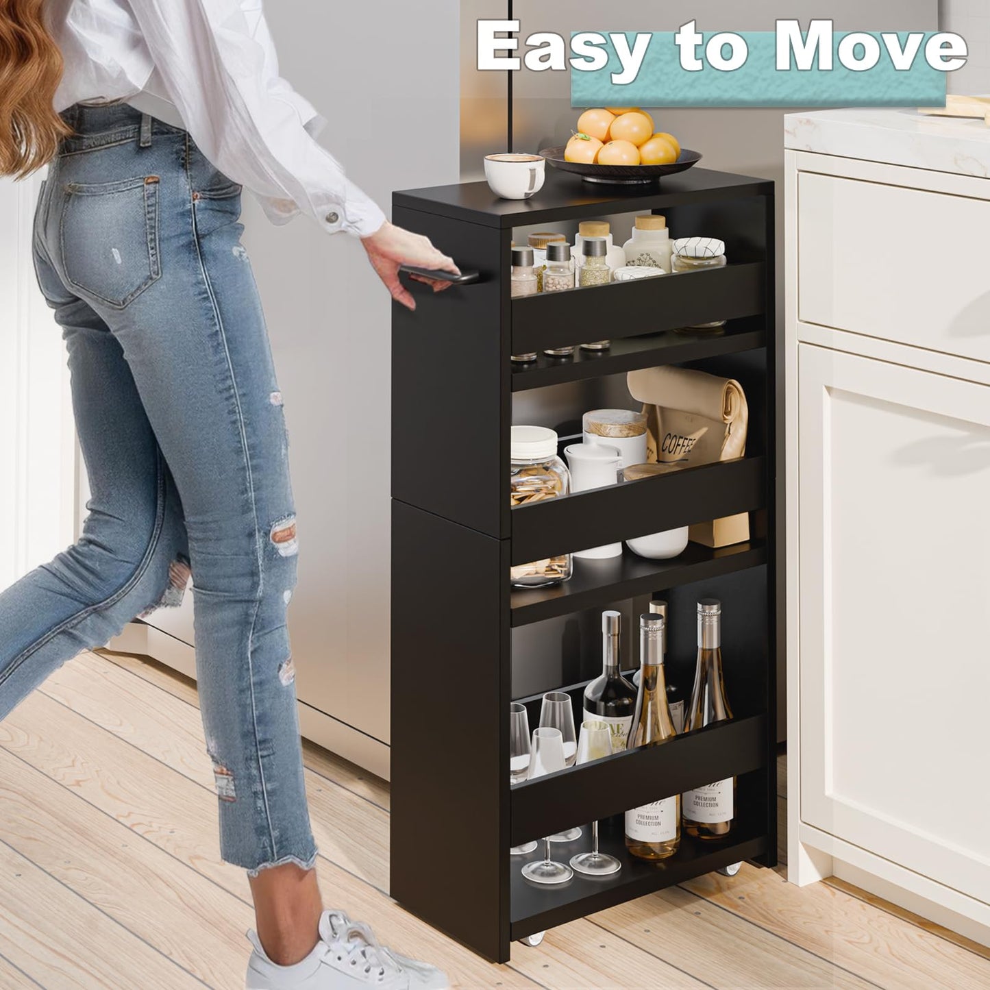 MARTY Slim Rolling Storage Cart, Wood Utility Kitchen Bathroom Laundry Cart
