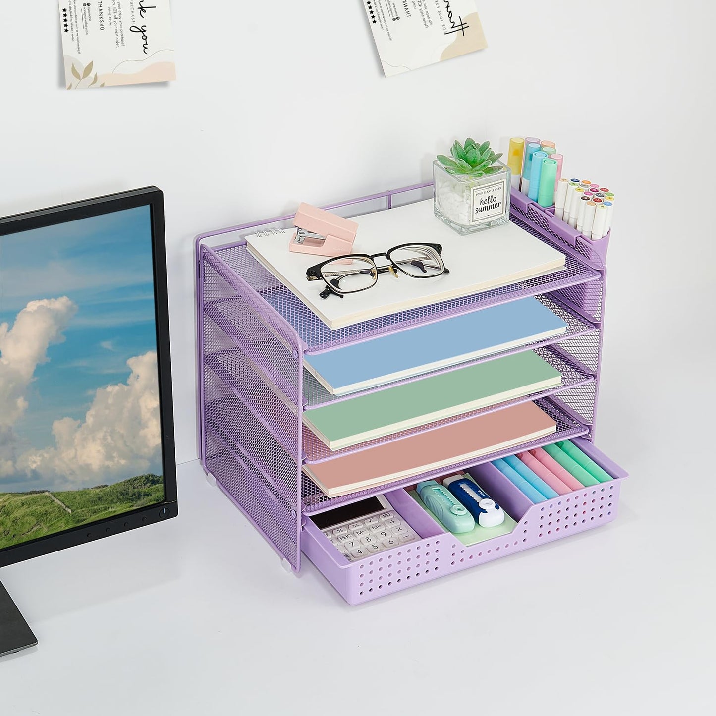 LEKETREE Desk Organizers and Accessories, 5-Tier Paper Letter Tray Organizer with Drawer & 2 Pen