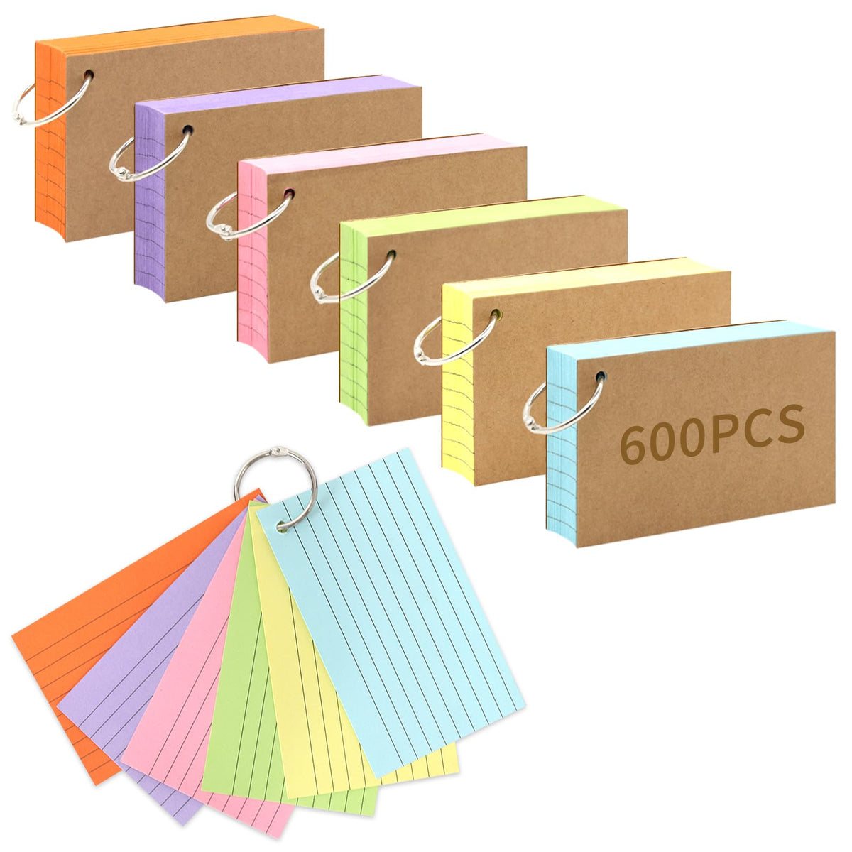 Lovppy 600PCS Index Cards,3x5 Inches Colored Flash Cards with Ring, Punched Lined Flashcards Ruled