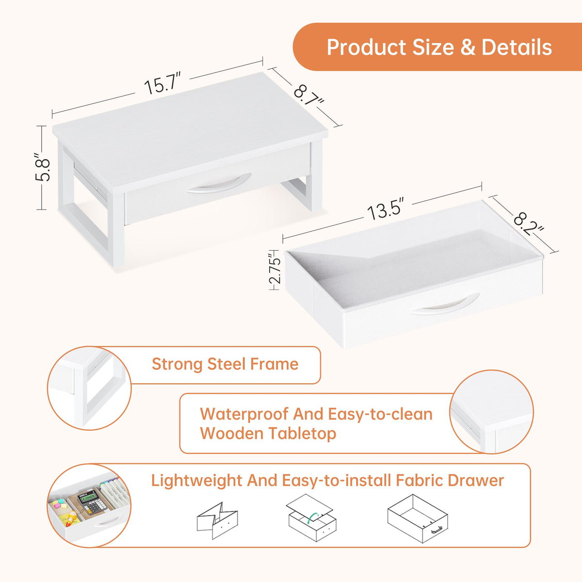 HEWORLIF Desk Organizers and Accessories, Computer Monitor Stand Riser with Drawer, White Laptop