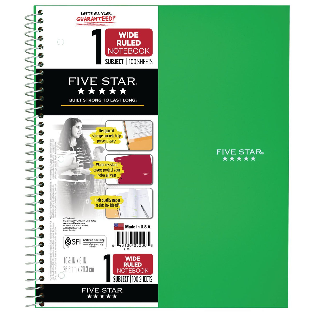Five Star Spiral Notebooks, 1 Subject, Wide Ruled Paper, 100 Sheets, 10-1/2" x 8", Green, Purple, 2