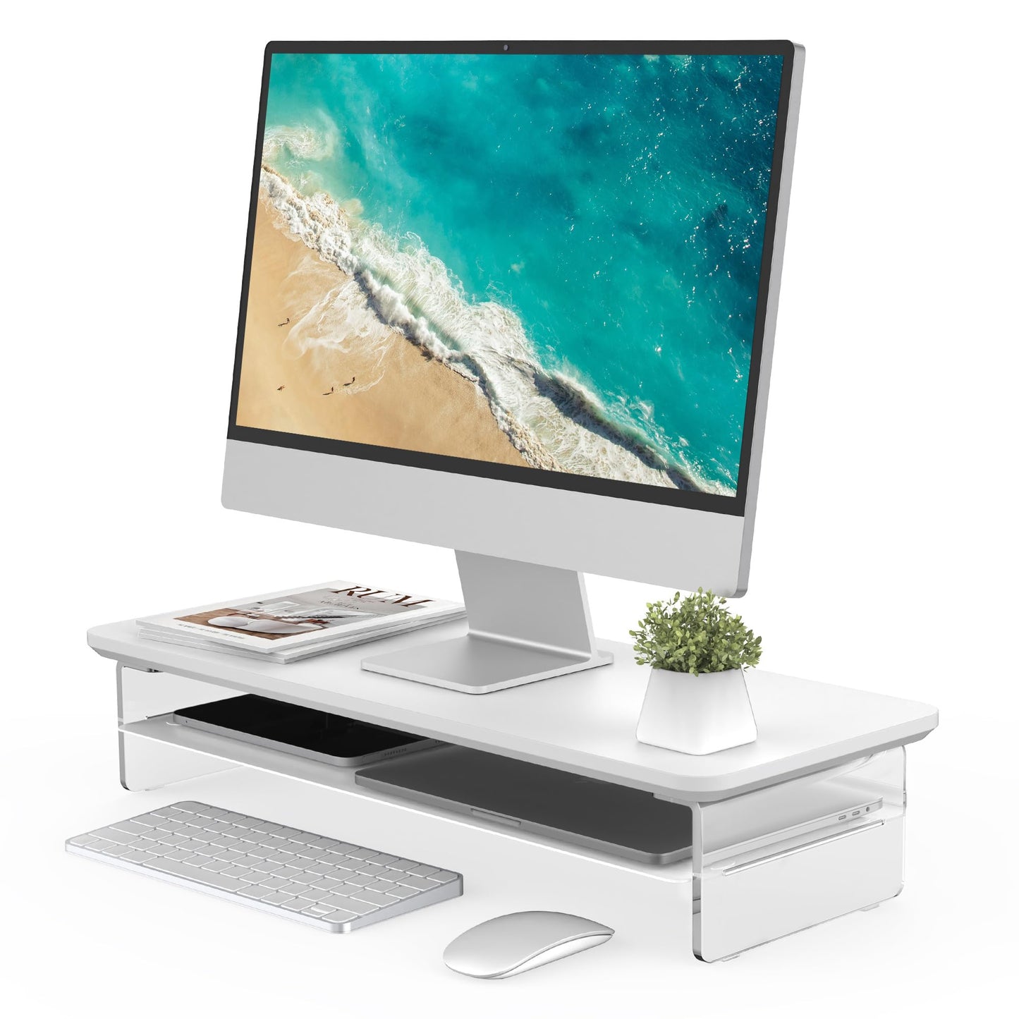 Fenge 23.6" Monitor Stand with Clear Acrylic Legs, White