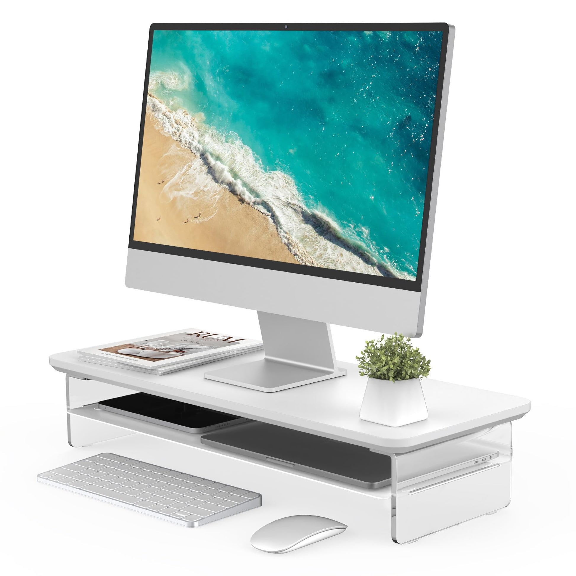 Fenge 23.6" Monitor Stand with Clear Acrylic Legs, White