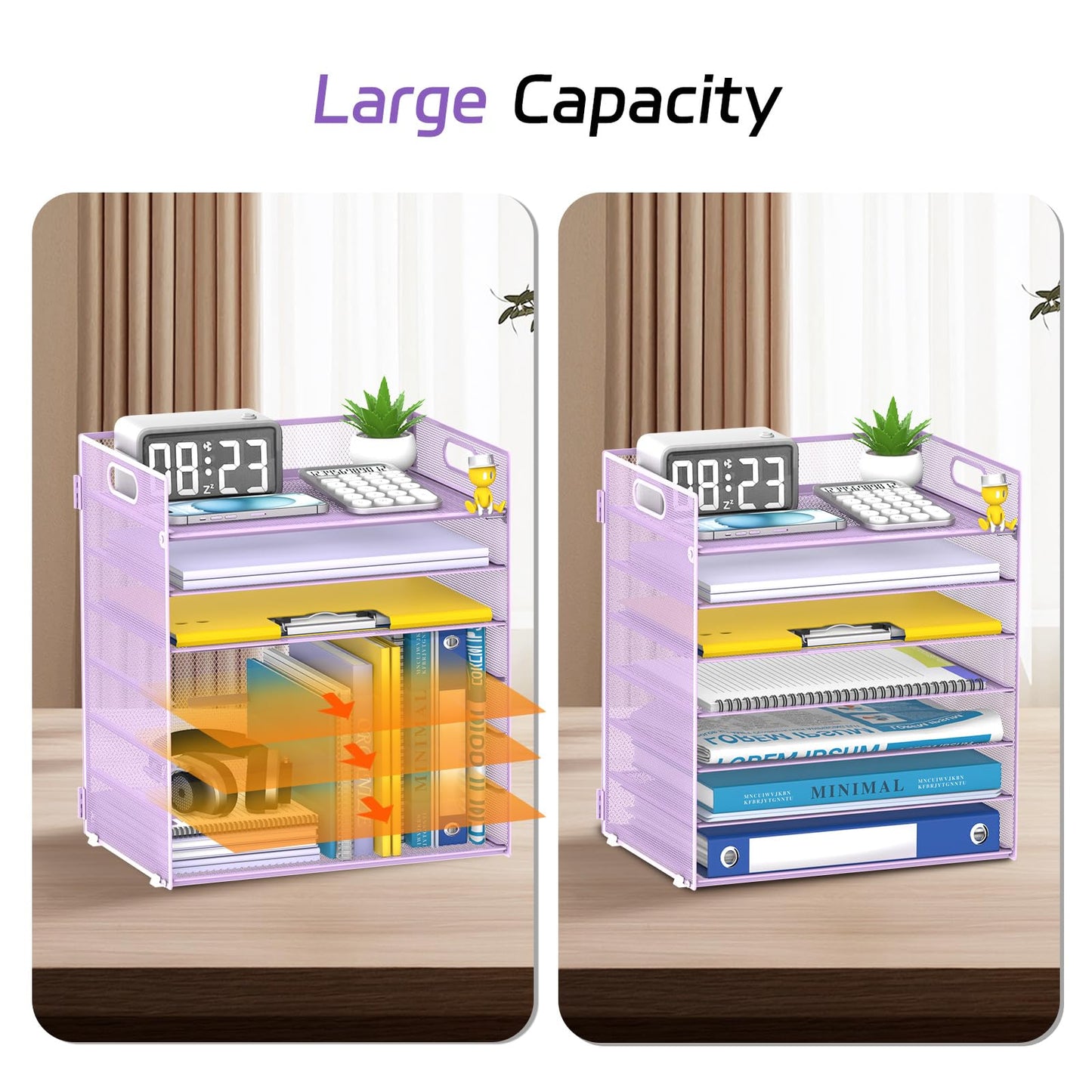 7 Tier Paper Organizer for Desk with Mesh Letter Trays and Handle Purple