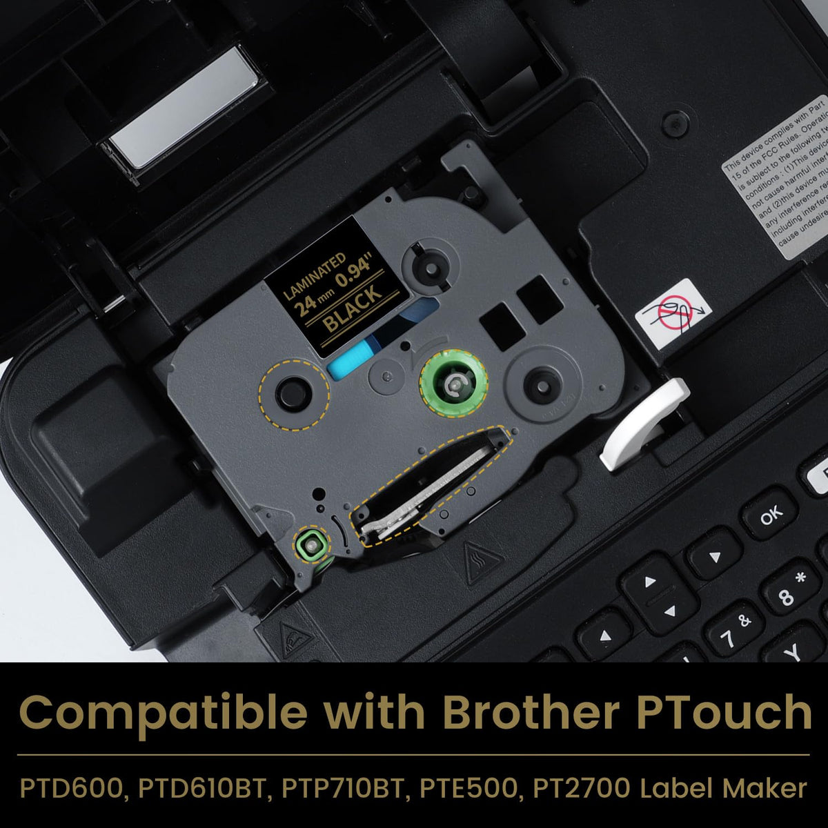 24mm 0.94" Label Tape Compatible with Brother P-Touch TZe-354 Gold on Black