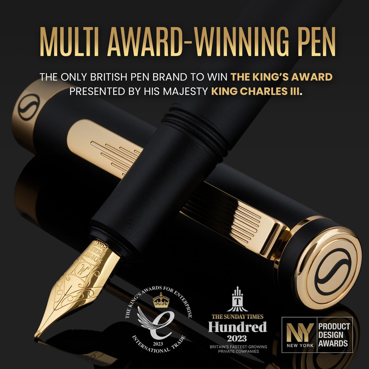 Scriveiner Luxury EDC Fountain Pen (Fine), Stunning Black Pocket Pen with Real Gold Finish, Schmidt