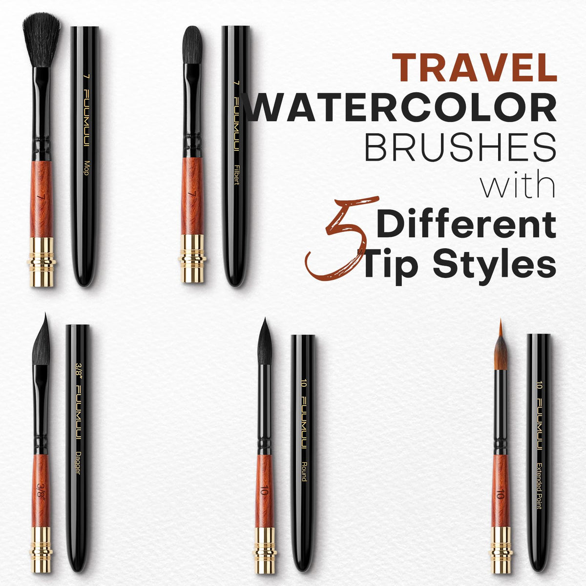 Fuumuui Travel Watercolor Brushes, 5Pcs Professional Plein Air Elegant Natural Squirrel Hair Travel
