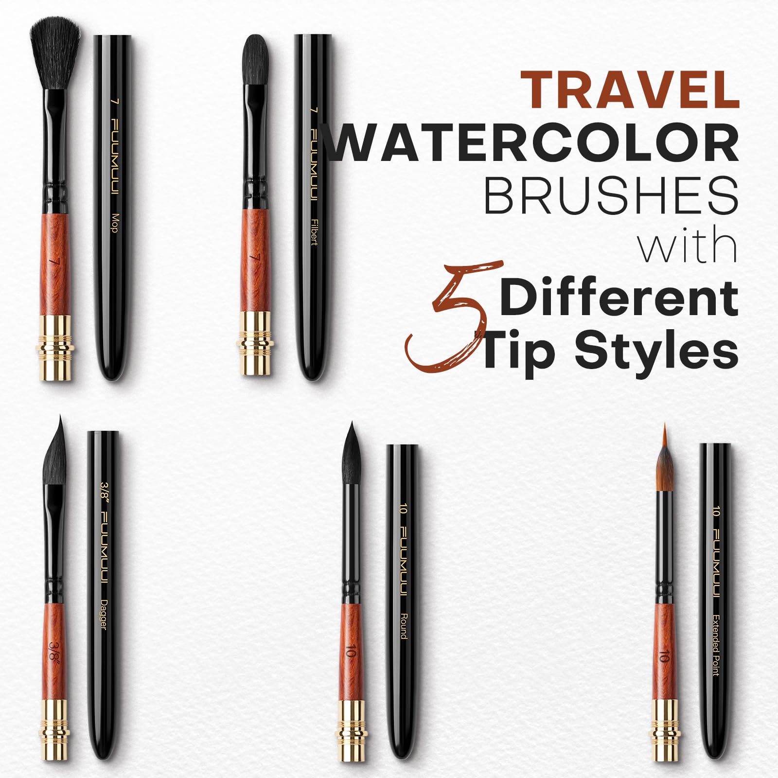 Fuumuui Travel Watercolor Brushes, 5Pcs Professional Plein Air Elegant Natural Squirrel Hair Travel