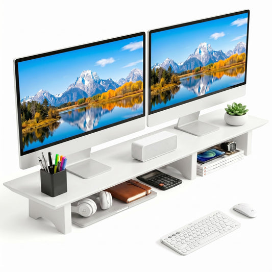 Aothia 43 in White Dual Monitor Stand, Monitor Riser for Desk, Solid Wood