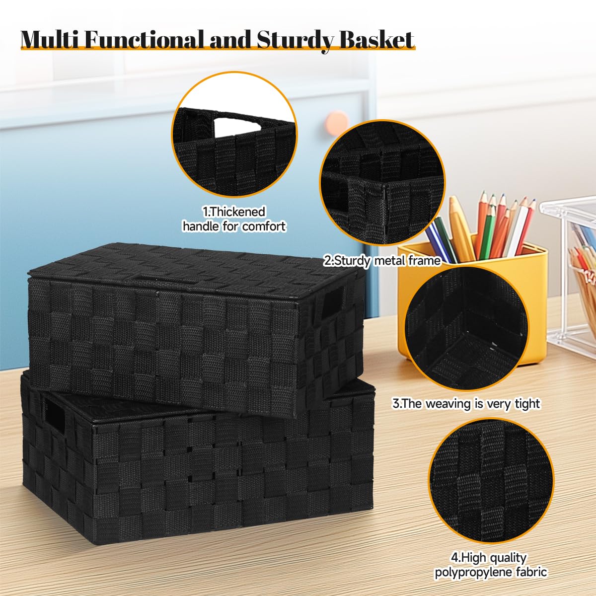 ArcaGuru Woven Storage Bins Basket Set of 4, Black Woven Storage Basket Organizer for Drawer