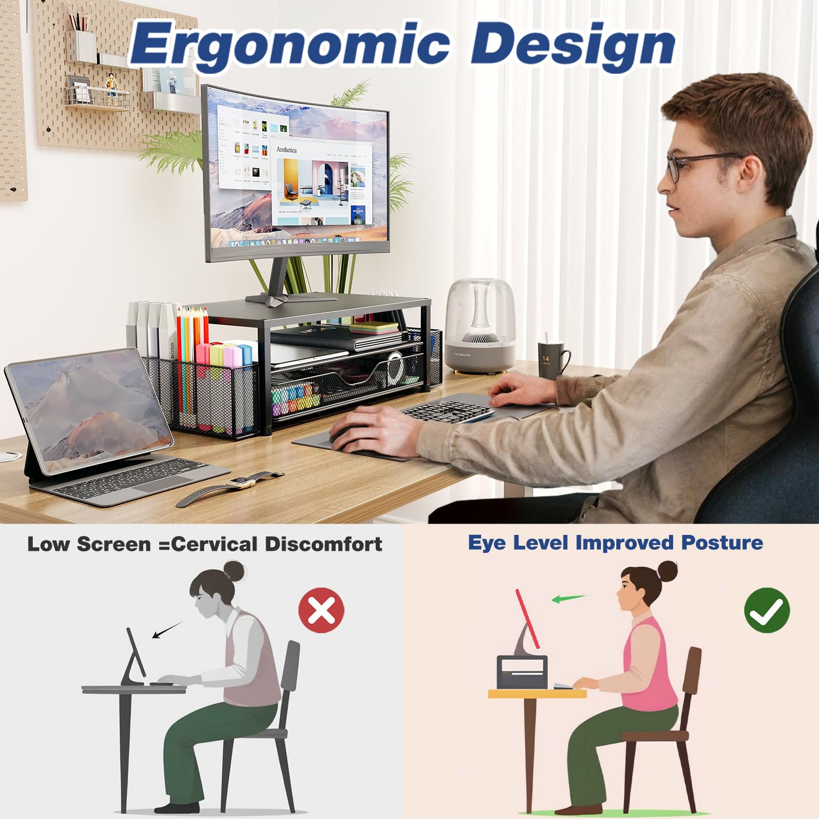 OPNICE Desk Organizers and Accessories, Computer Monitor Stand Riser with Drawer and 2 Pen Holders