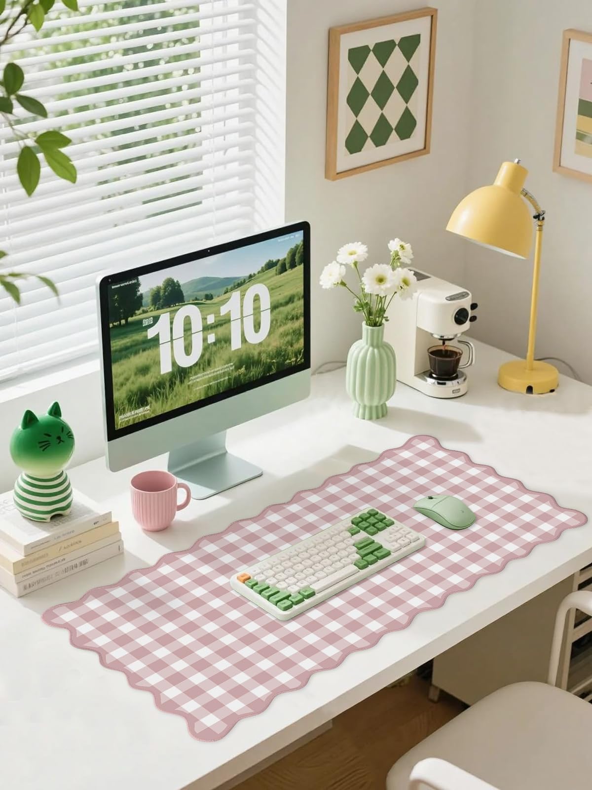 Scalloped‌ Pink Checkered Gingham Desk Mat Cute Pastel Large Mouse Pad Kawaii Cottagecore ‌Vintage‌