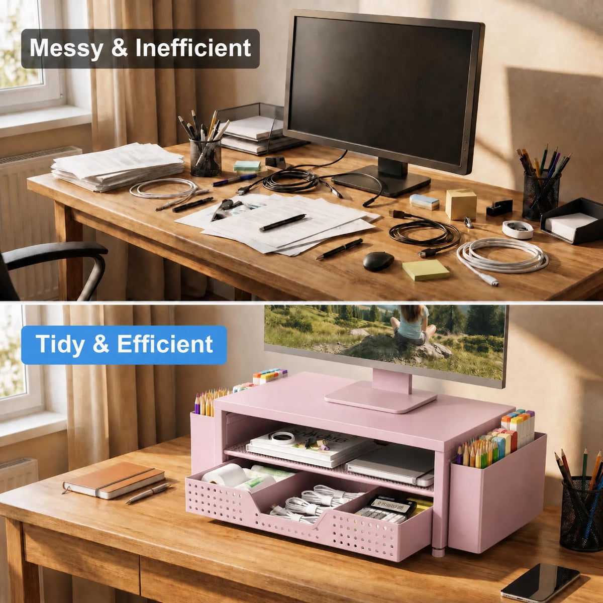 ECOLOVI Desk Organizer and Accessories, 2-Tier Computer Monitor Stand Rise with Storage Drawer & 2