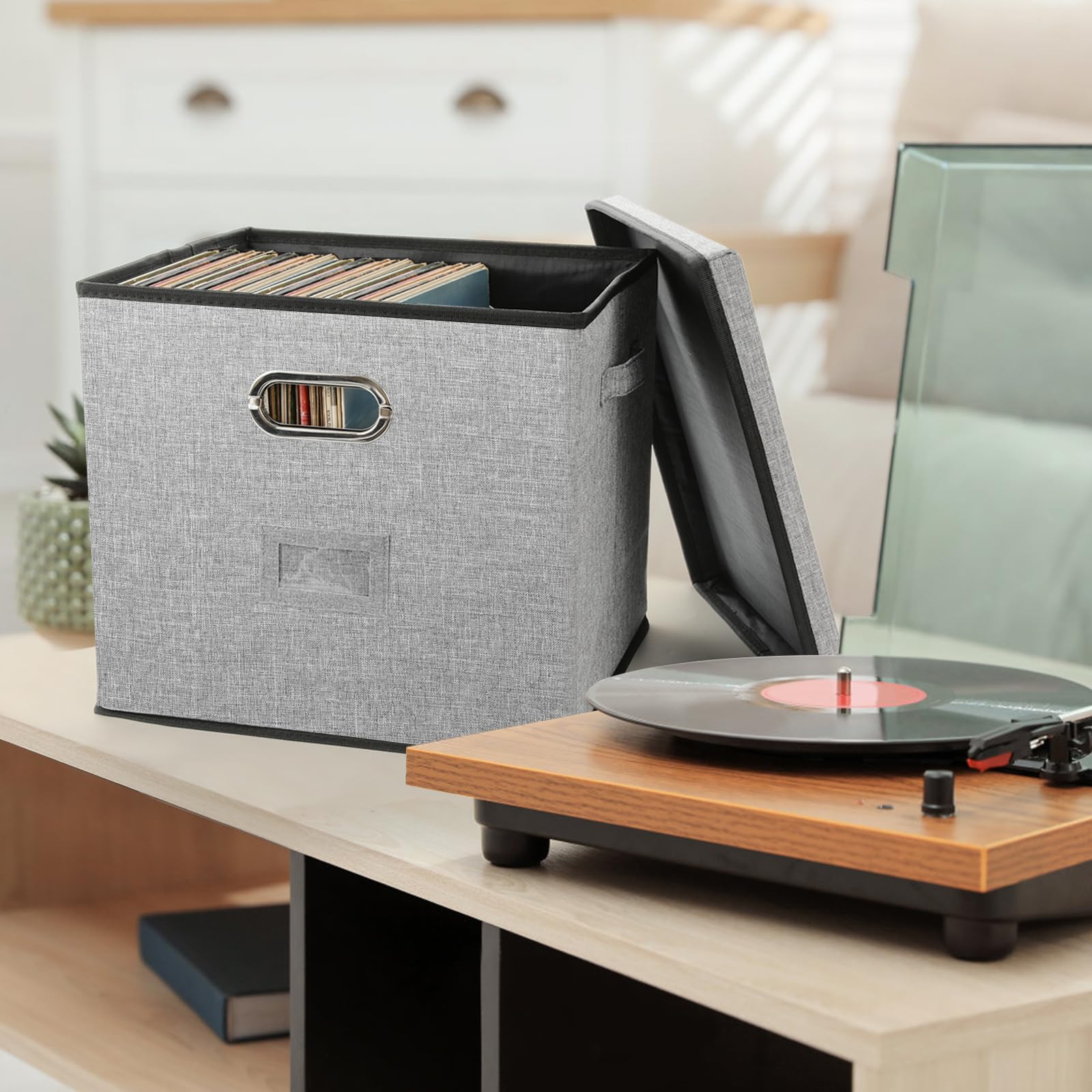 TARSUKA Vinyl Record Storage Box Hold 100+ 12" Albums Stackable LP Storage Bin with Lid Record
