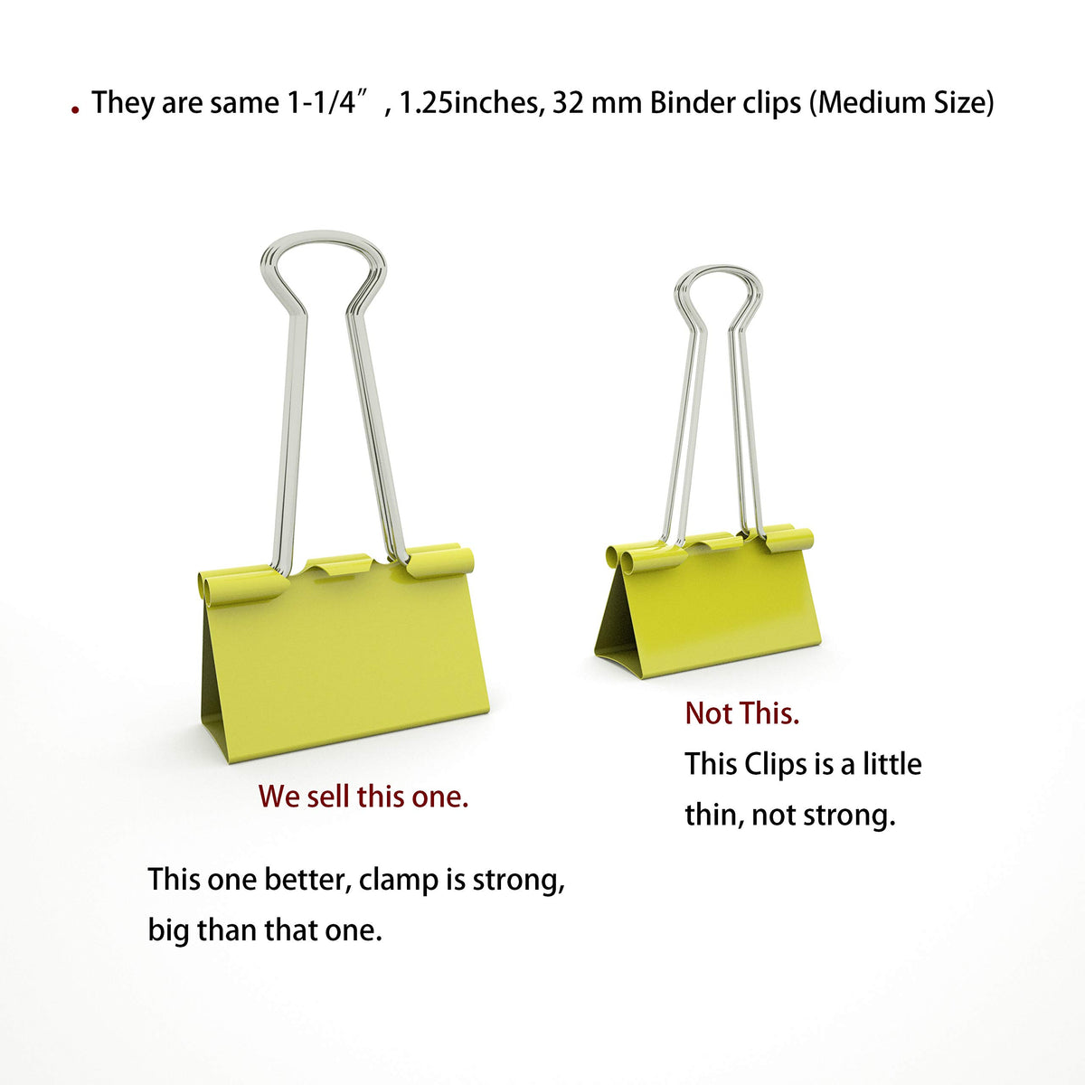 Nctinystore Binder Clips Medium Metal Clamp 1.25 inch / 32 mm (Yellow, 24-PCS)