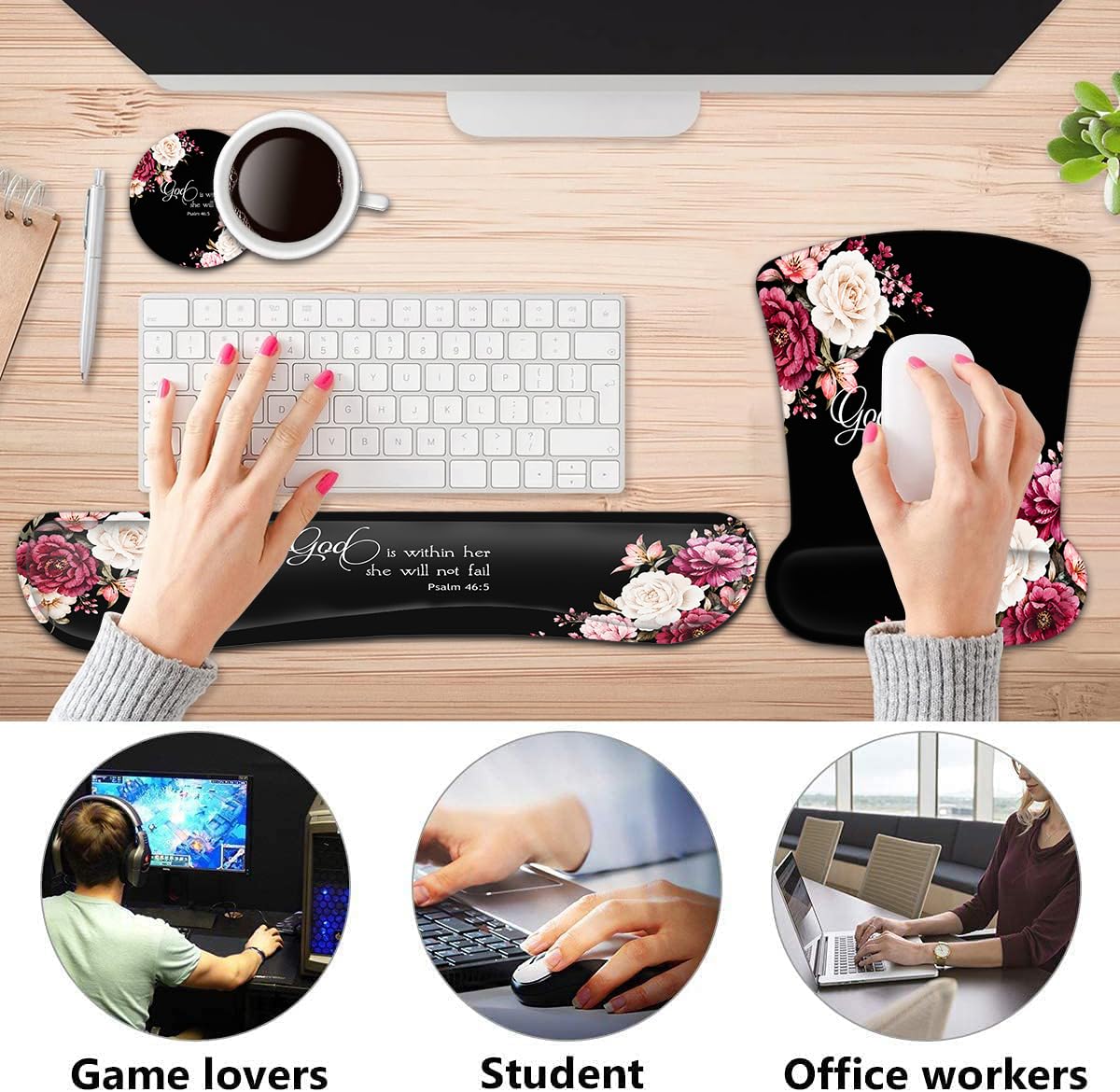 Keyboard Wrist Rest Pad and Ergonomic Mouse Pad Wrist Support Set Psalm 46:5 God is Within Her, She
