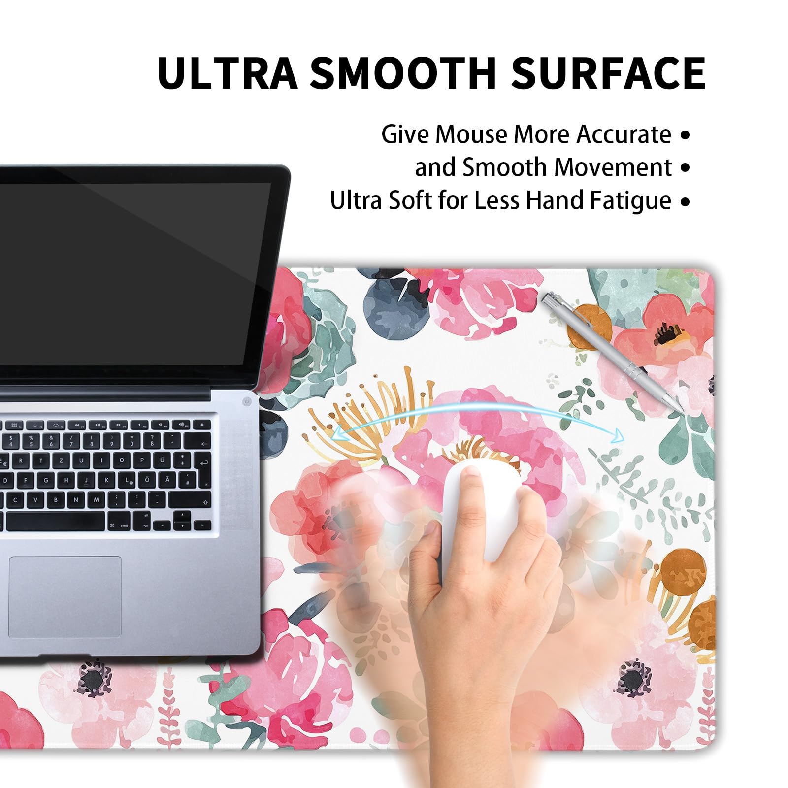 Pink Green Flowers Gaming Mouse Pad XL Cute Watercolor Floral Pretty Extended Desk Pad Trendy