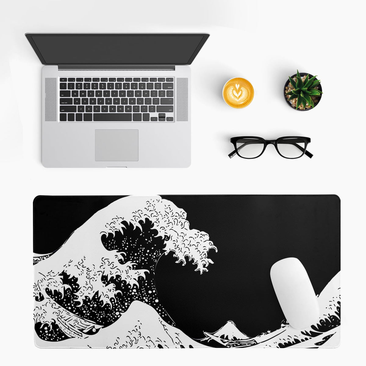 Japanese Sea Wave Large Mouse Pad, Abstract Black Gaming Mousepad, Extended Kanagawa Mat Desk Pad
