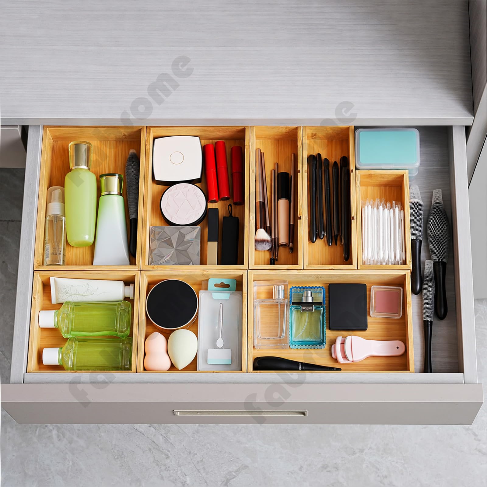Fabsome Drawer Organizer, Set of 9 Bamboo Wood Kitchen Makeup Desk Junk Tea Drawer Storage Boxes
