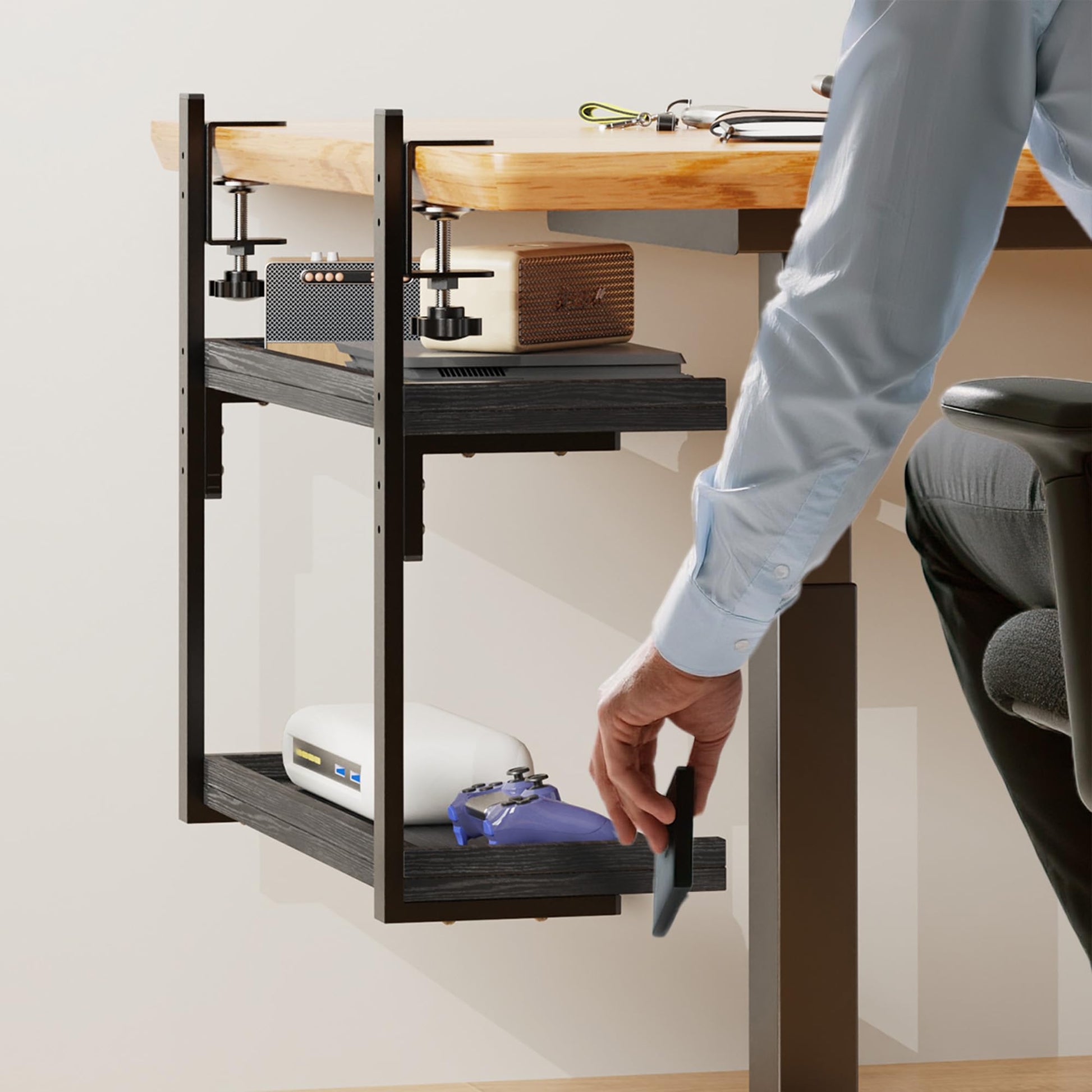 ART-GIFTREE Clamp On Desk Shelf 2-Tier, 16.5 in Wood Shelving Unit for Office Desk/Gaming