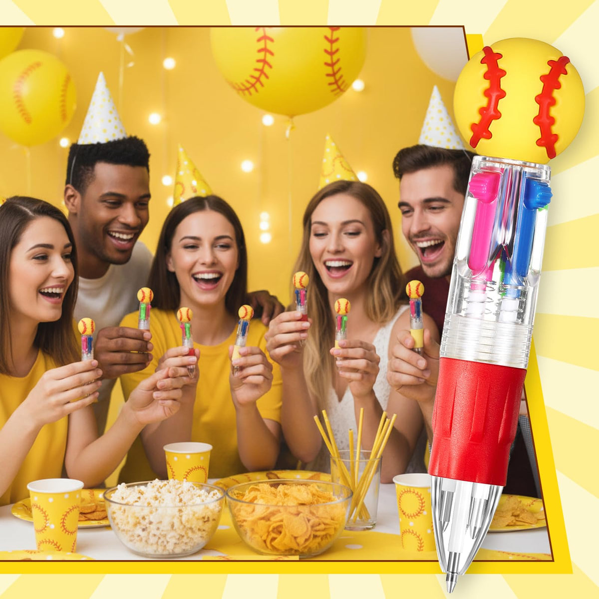 Kosiz 48 Pack Softball Party Favors Multicolor 4 in 1 0.5mm Ballpoint Pen