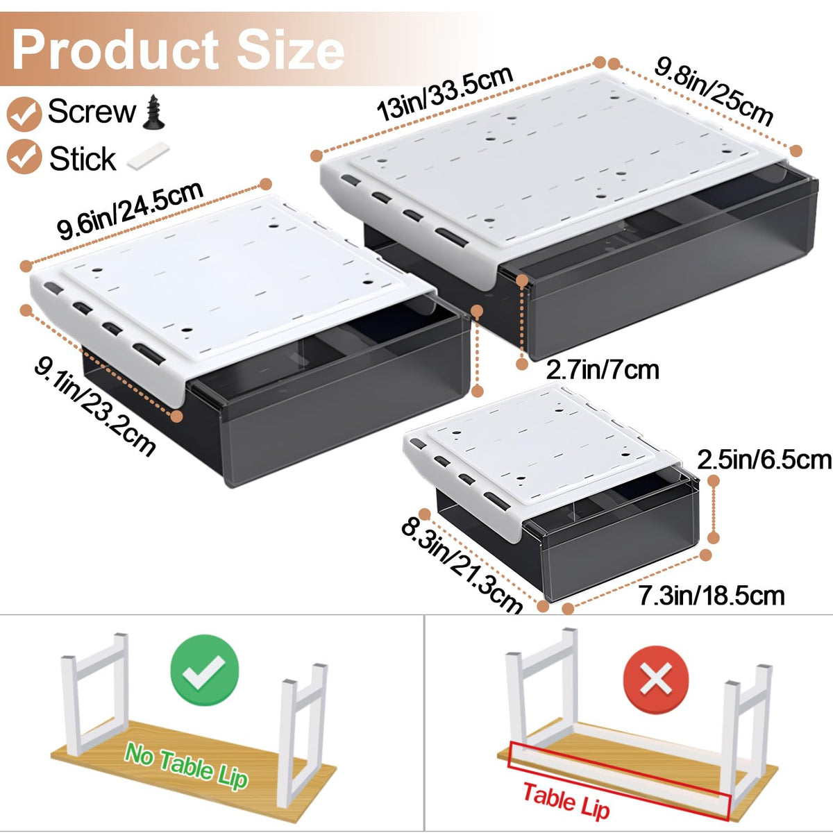 SVNNELP Under Desk Table Drawer Storage Organizer,3 Pack Large & Medium & Small Slide Out Desk