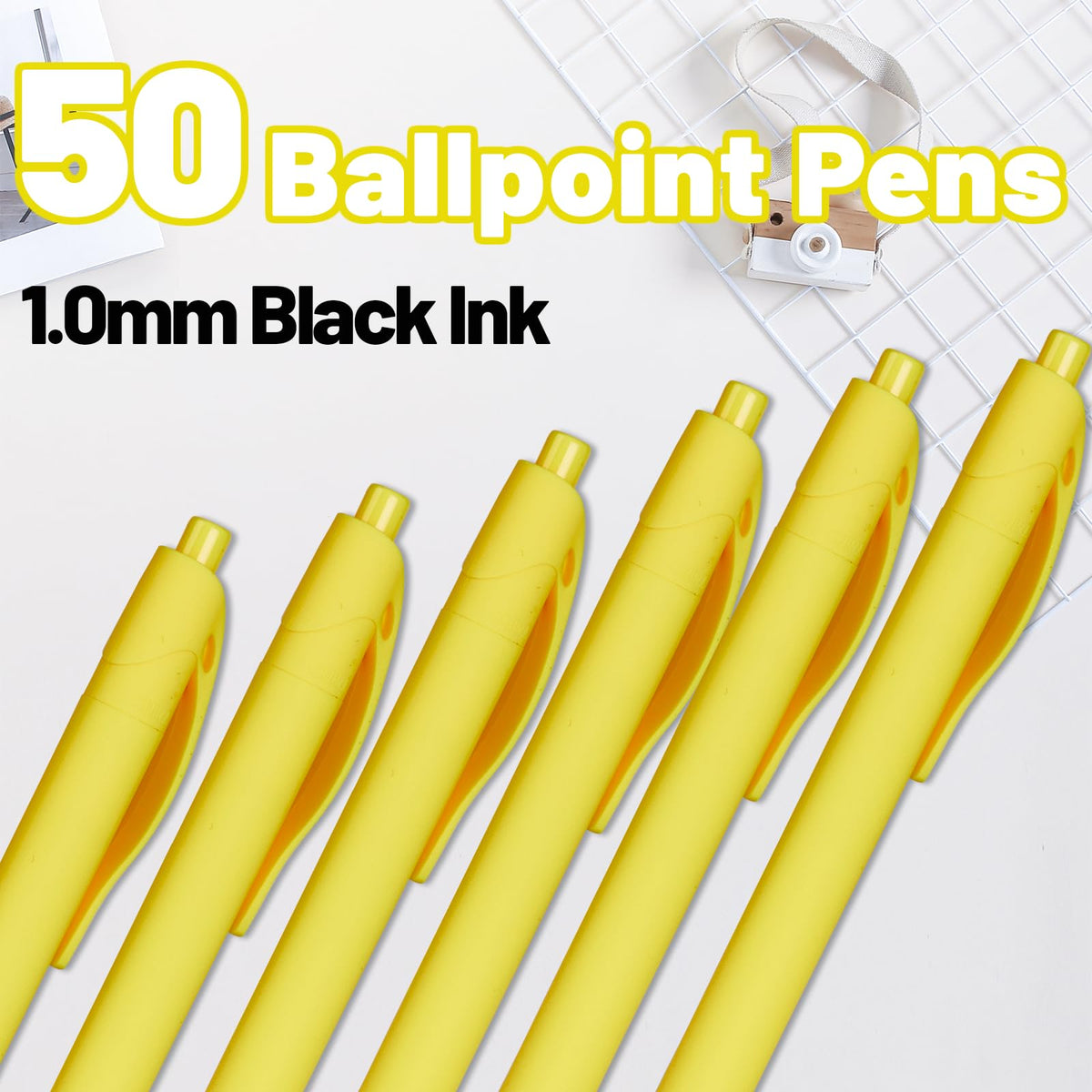 Wiaziert BallPoint Pens, 50 Pack (BLACK Ink),Bulk Pens, Yellow Barrel,Click Pens for Office Home