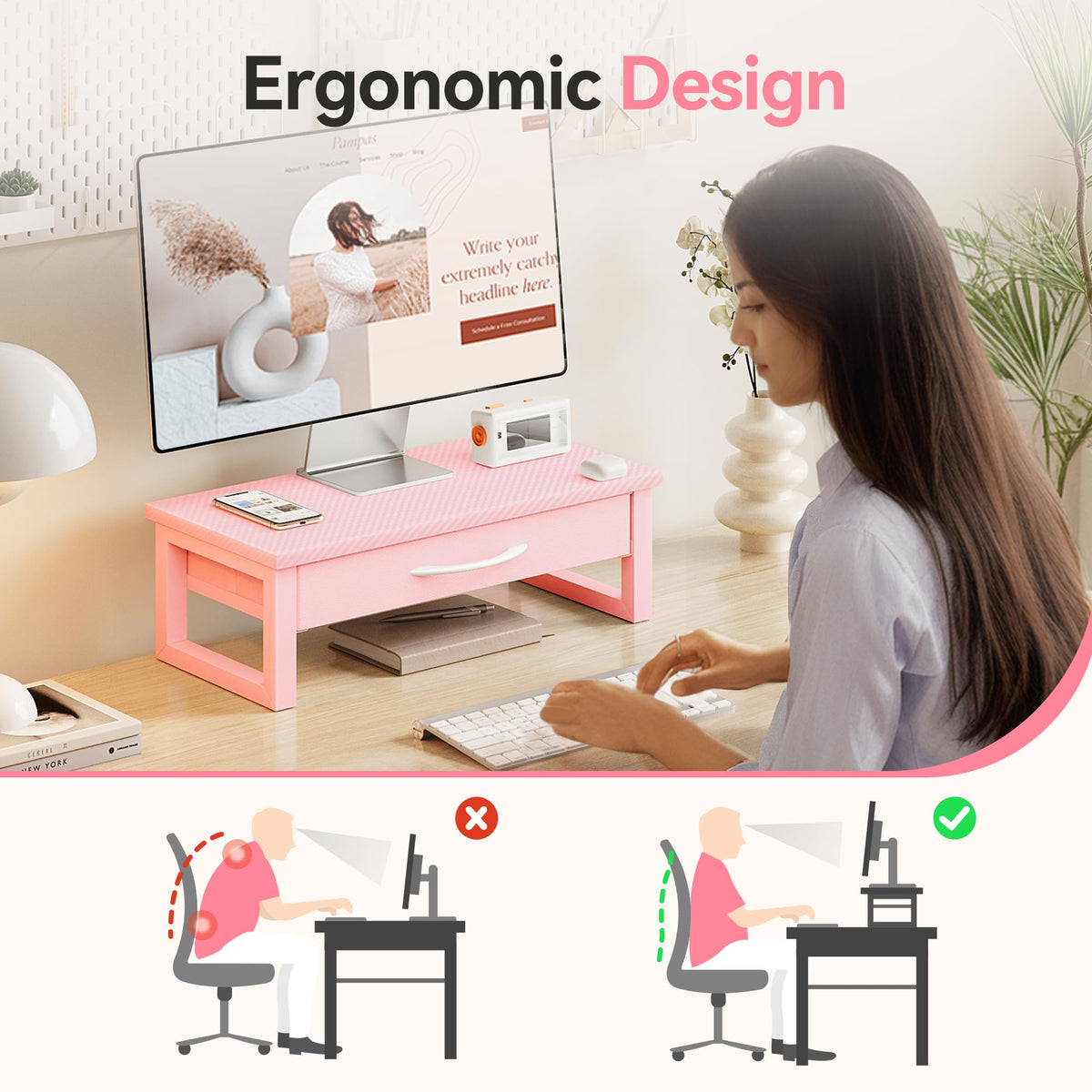 HEWORLIF Desk Organizers and Accessories, Computer Monitor Stand Riser with Fabric Drawer, 2-Tier