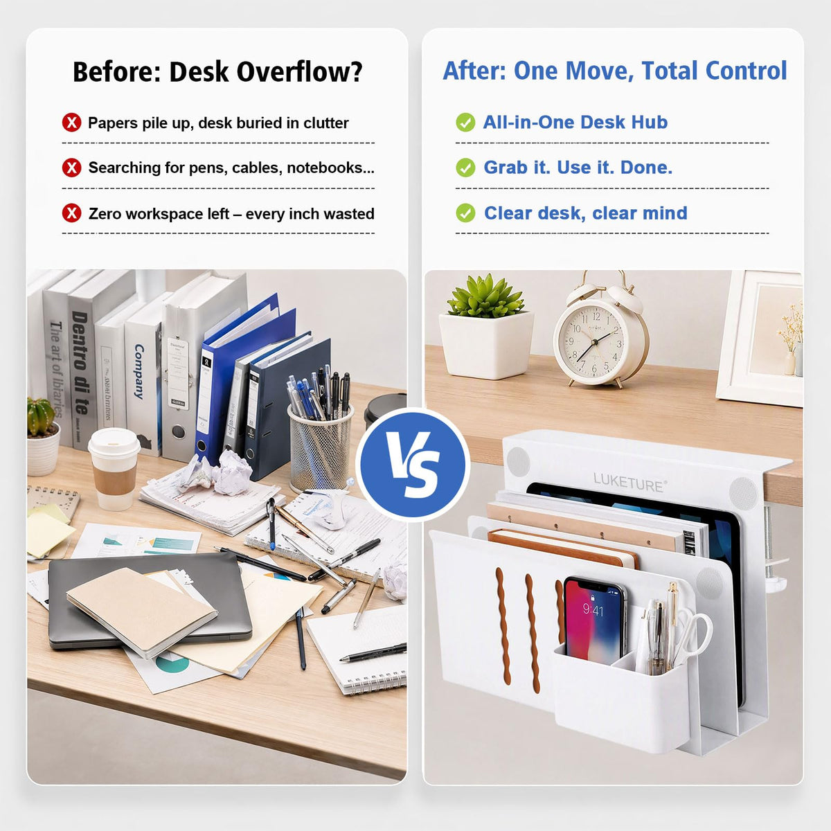 LUKETURE Desk Side Storage, 2 Tier Under Desk Laptop Mount with Pen Slot