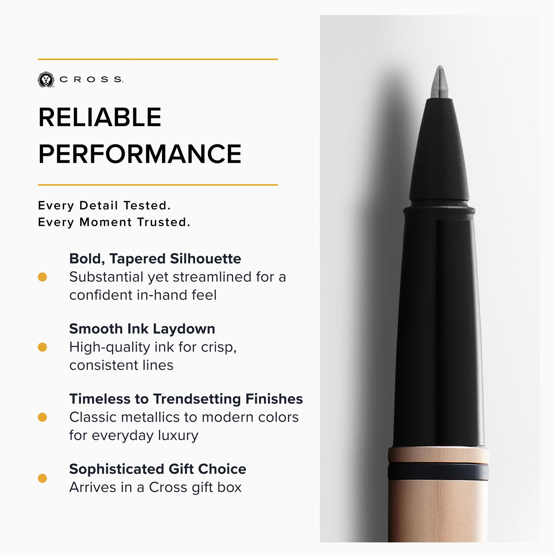 Cross Calais Rollerball Pen, Brushed Rose Gold & Black Lacquer, Black Ink