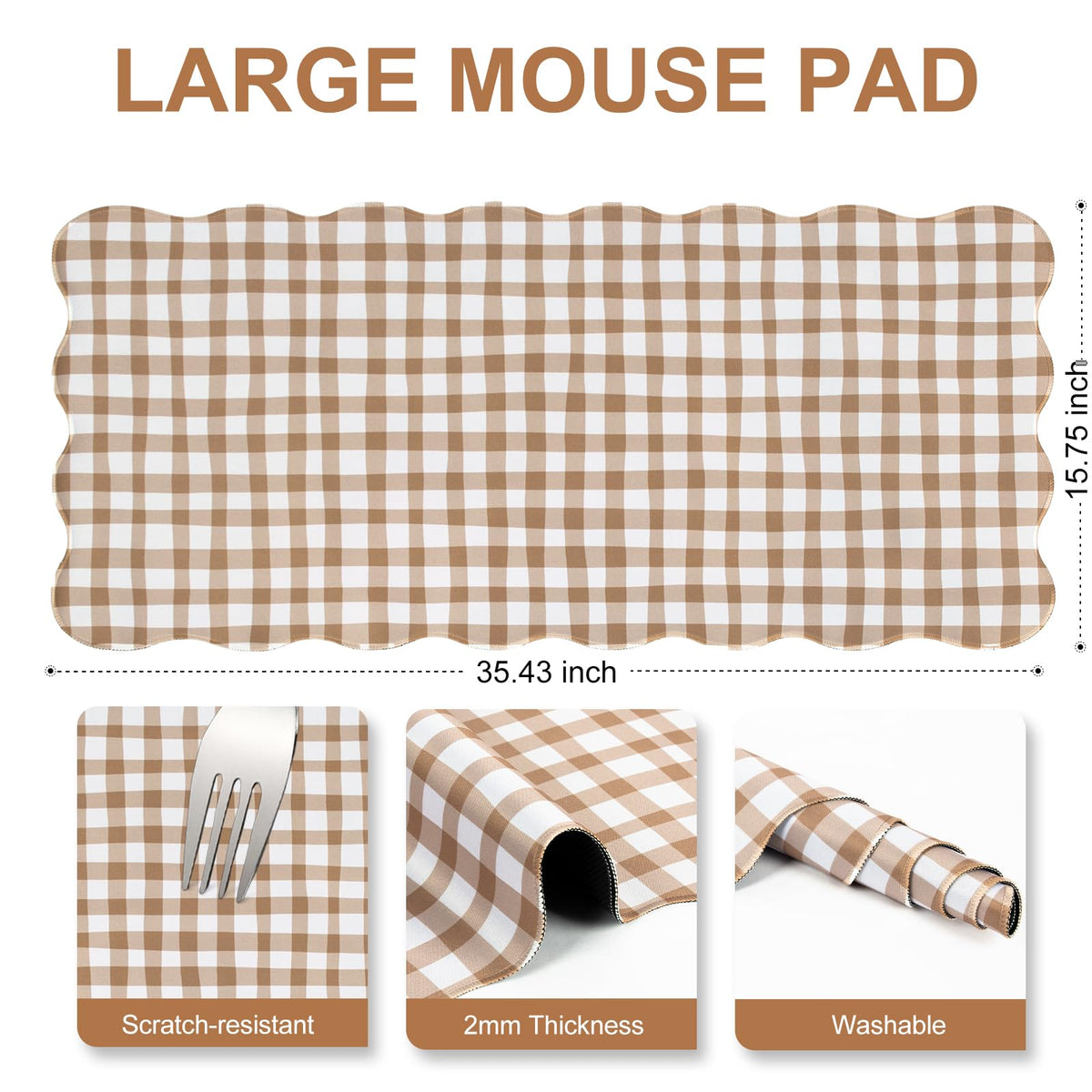 L-SPOUTTO Brown Checkered Mouse Pad,Cottagecore Scalloped Desk Mat XXL Large Cute Gingham Gaming
