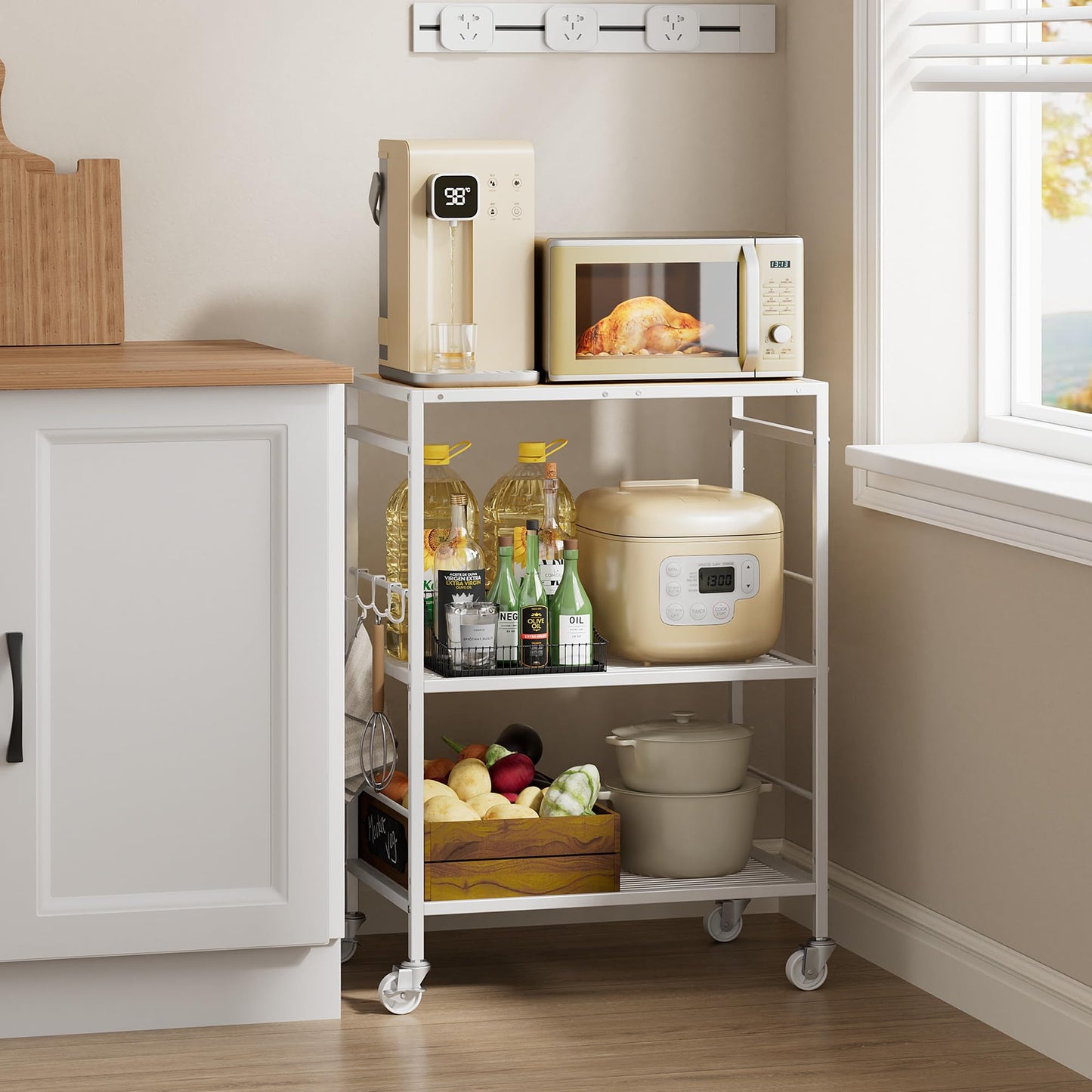 3 Tier Rolling Kitchen Microwave Cart, Utility Cart , Microwave Stand White