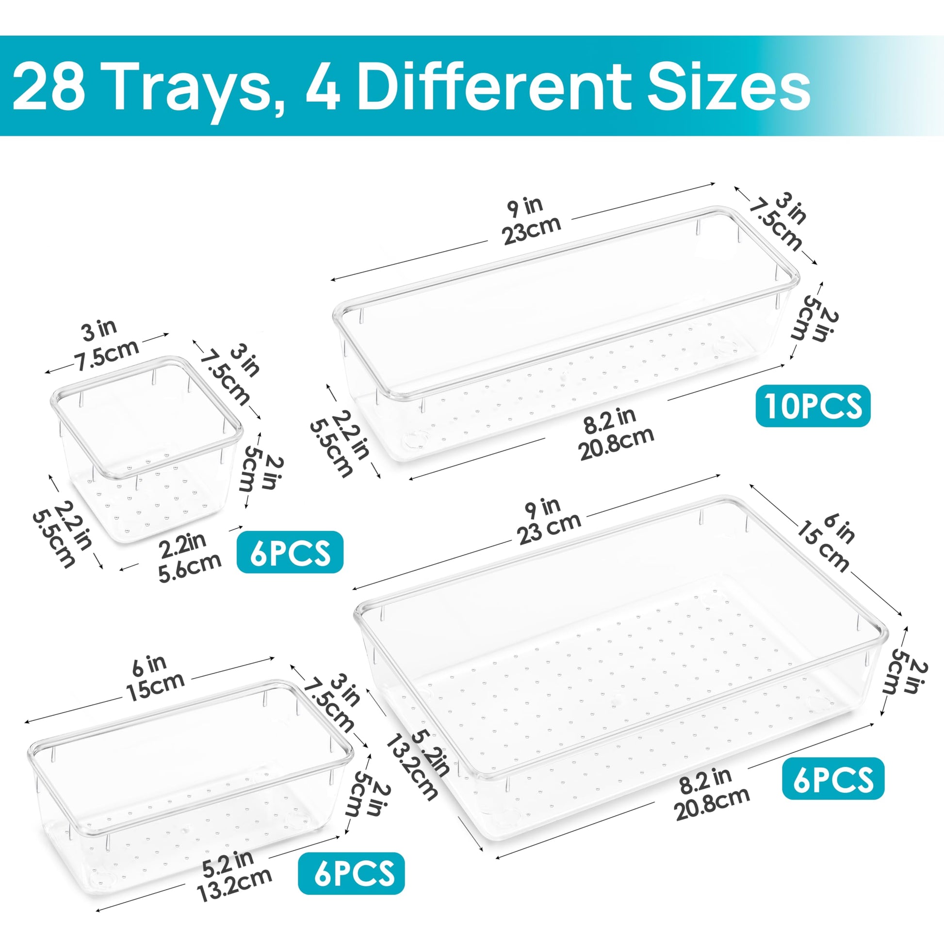 Vtopmart 28 Pack Clear Drawer Organizer Bins, 4 Sizes Storage Trays