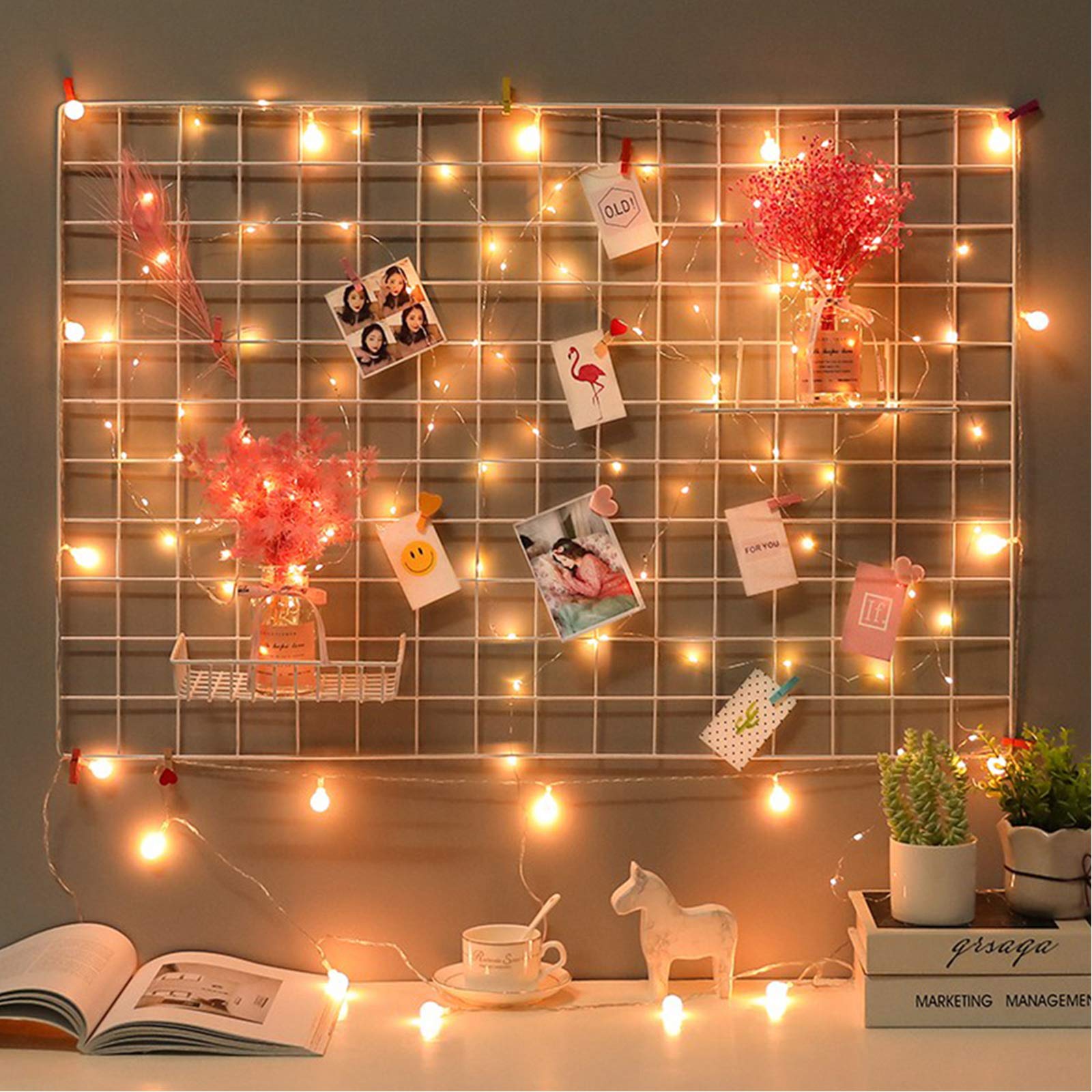 GBYAN 2 Pack Large Wall Grid Panels with Light and Clips, Photo Display Board, Picture Frame