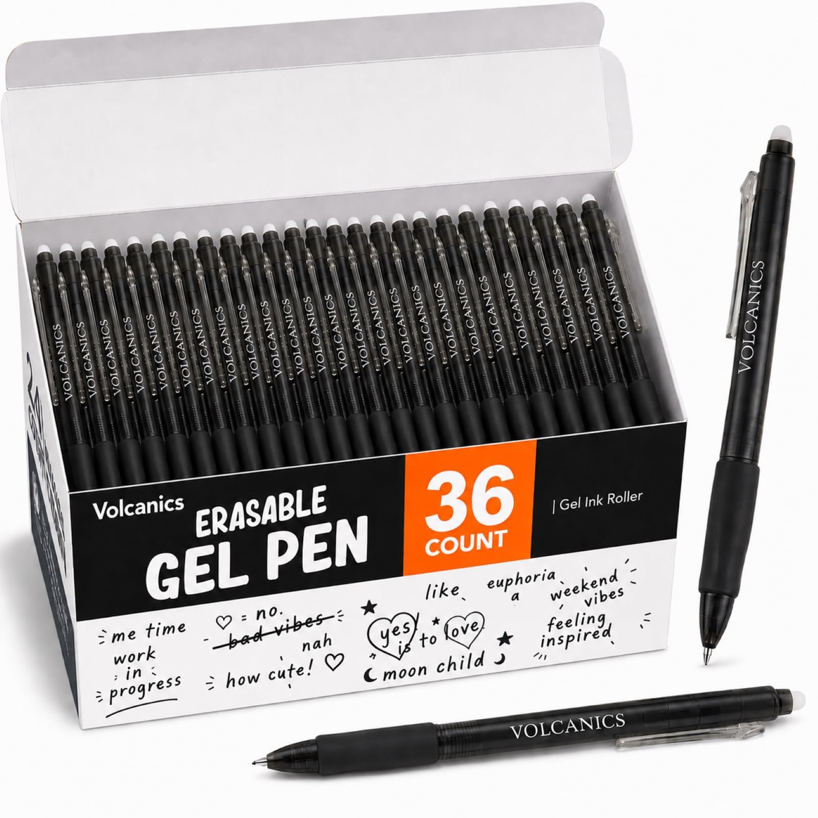 Volcanics Retractable Clicker Erasable Gel Pens, 0.7mm Soft Black, 36 Pack