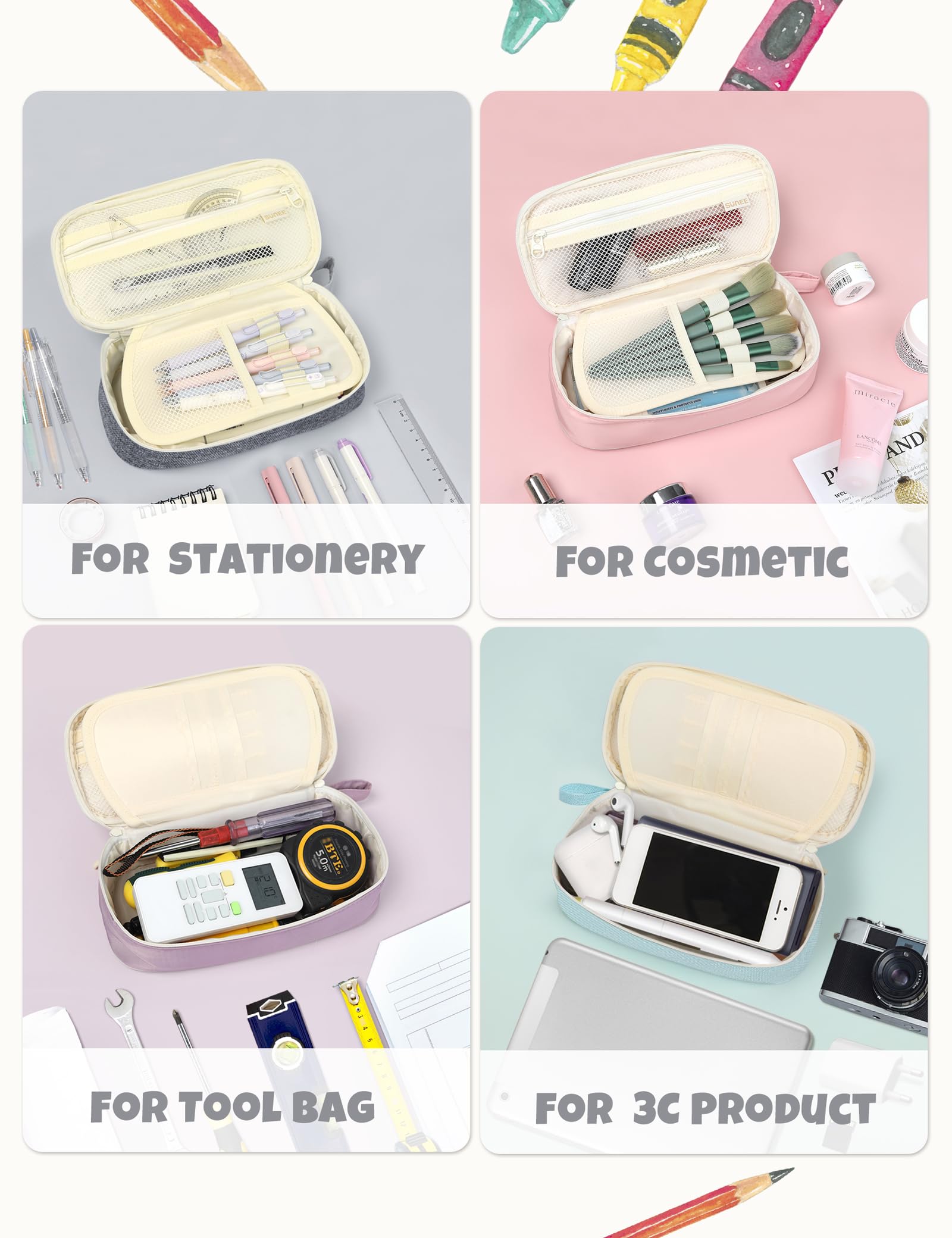 SUNEE Cute Pencil Case, Aesthetic Pen Pouch, Colored Large Pencil Bag with Zipper, Kawaii