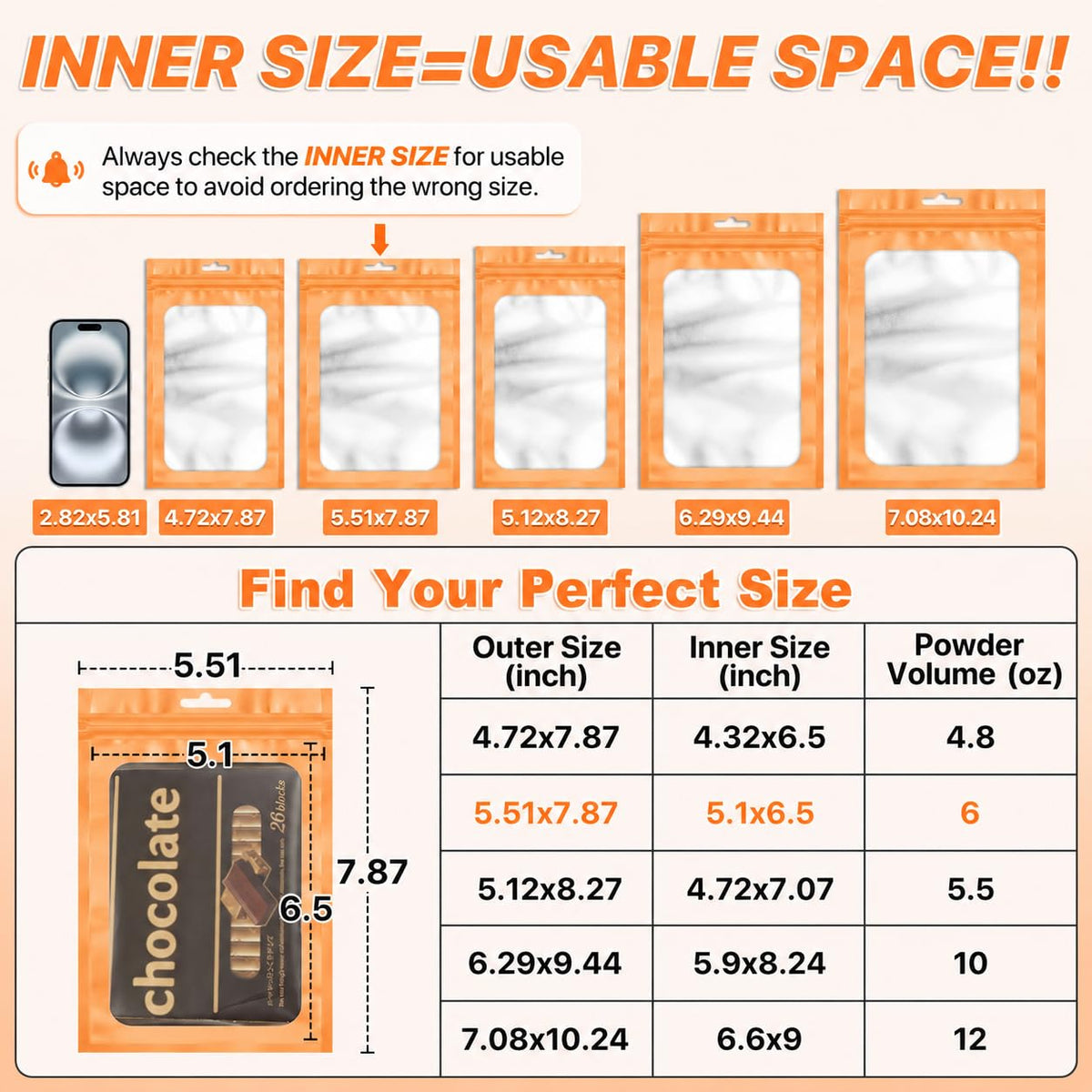 ANZNKU 100Pcs Orange Mylar Bags, Resealable Smell Proof Zip Goodie Baggies