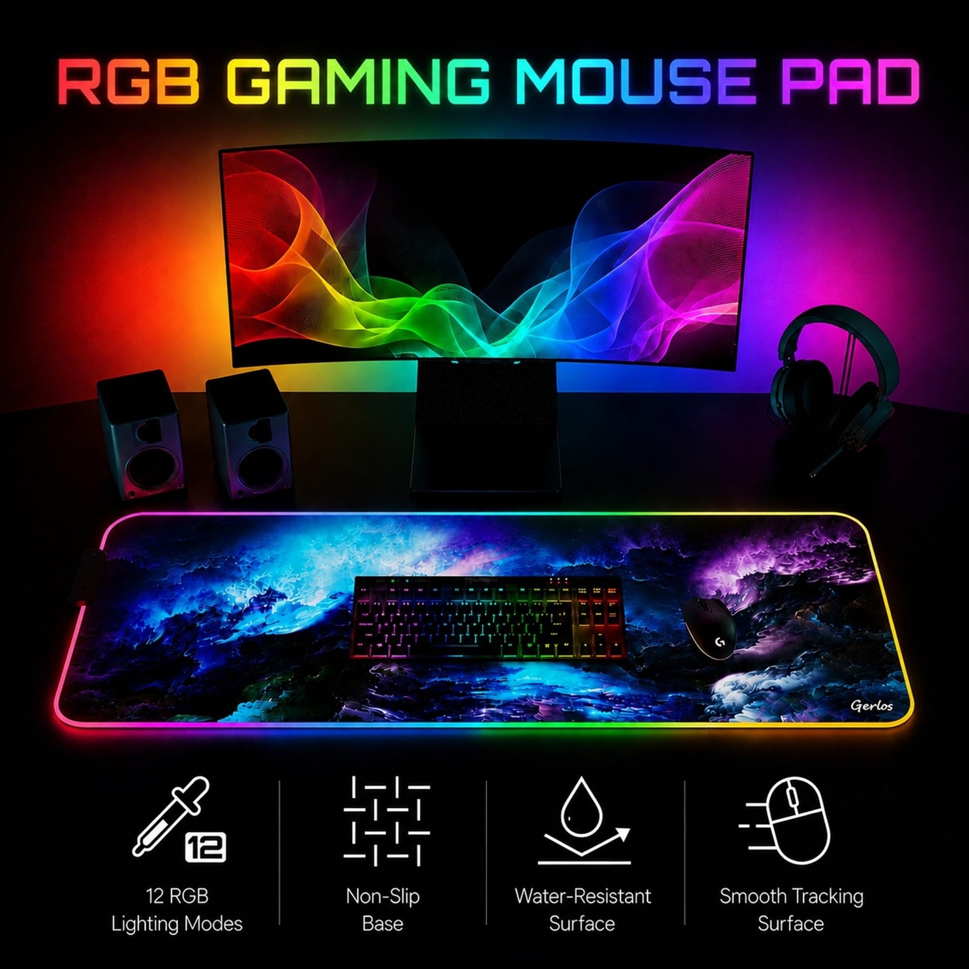 Gerlos RGB Gaming Mouse Pad, Large LED Desk Mat for Gamer, 31.5" x 11.8"