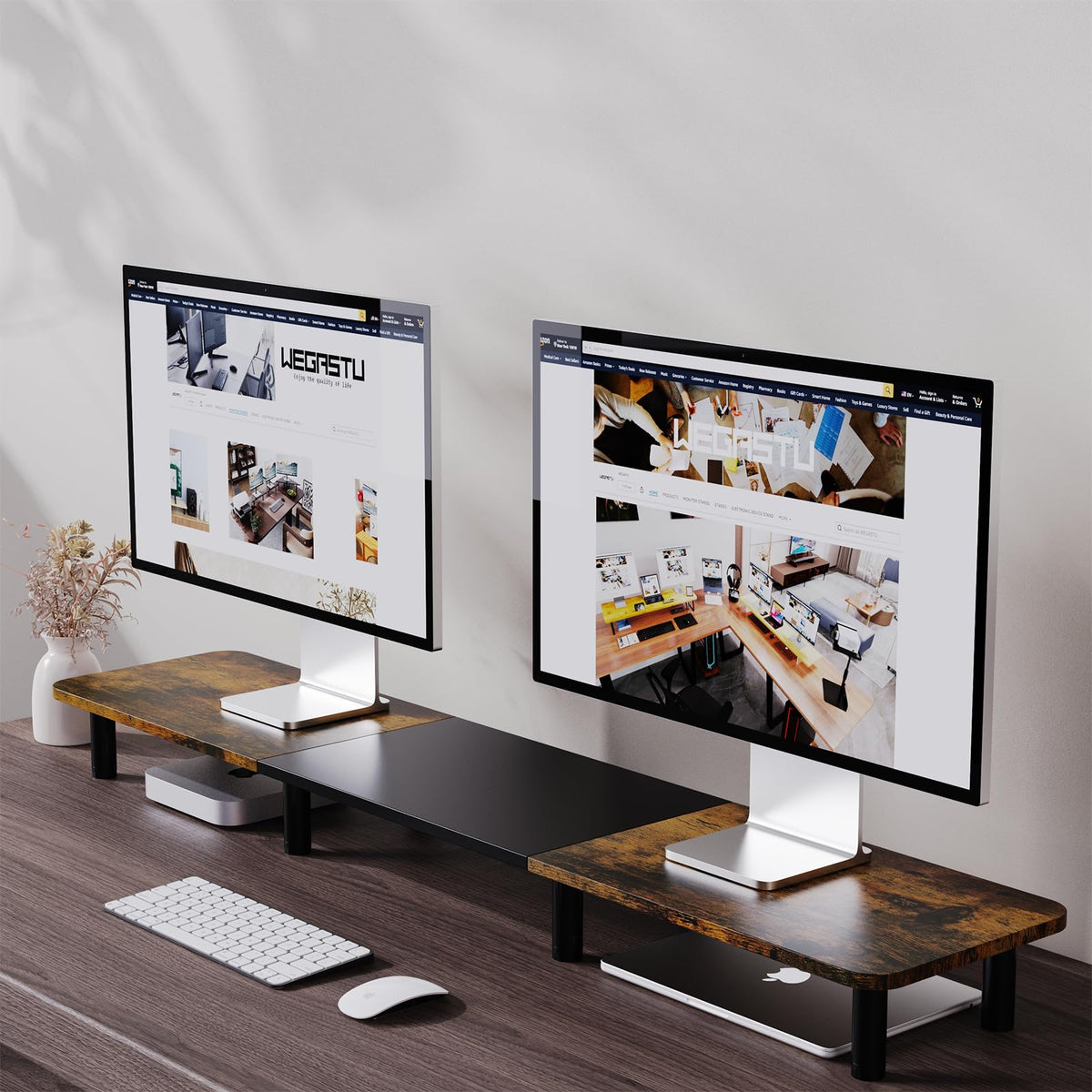 WEGASTU 43.7" Extra Long Dual Monitor Stand Riser, Wood & Steel Monitor Stand for 2 Monitors, Wide