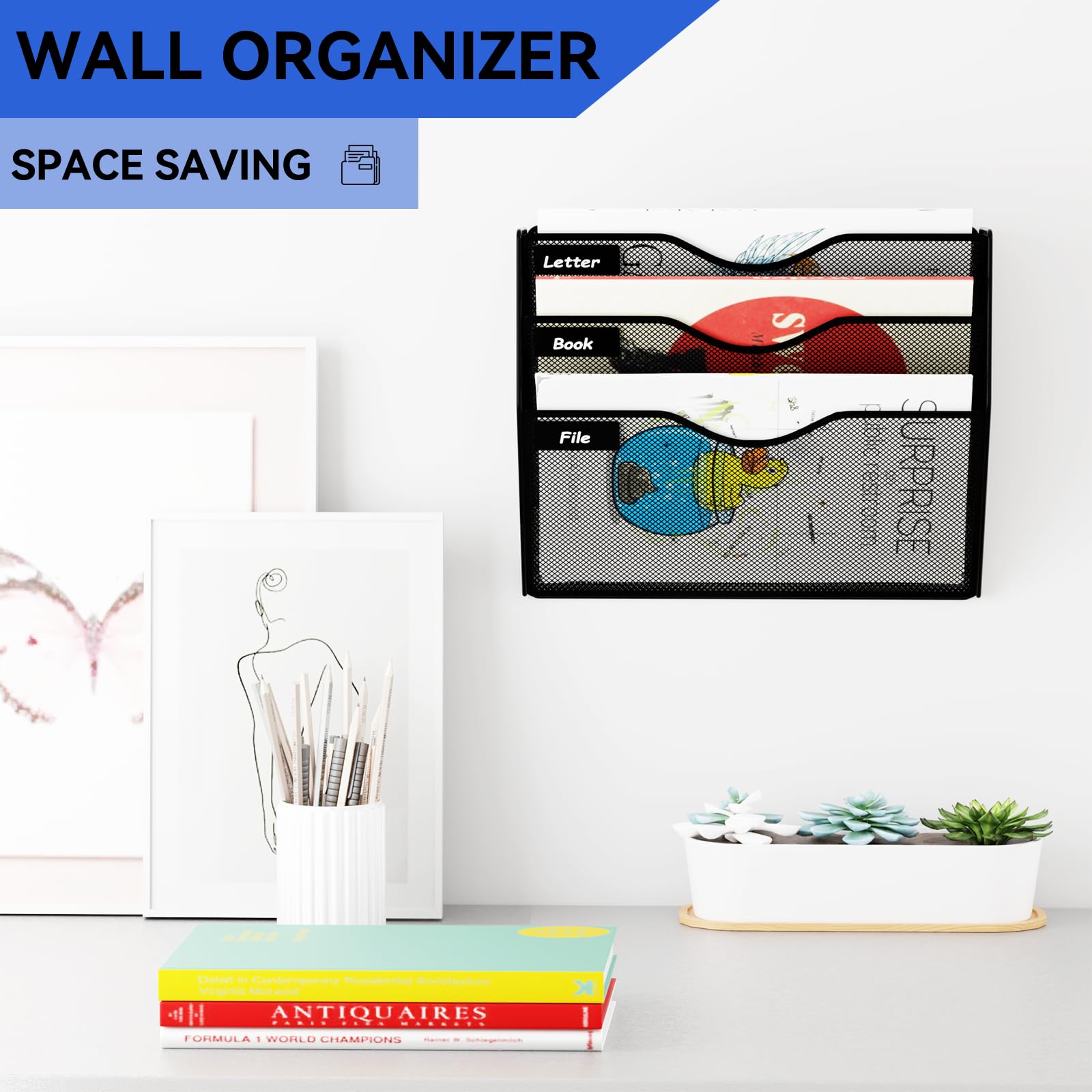 GDINDINFAN 3 Pockets Hanging Wall File Organizer Mail Holder, Wall Mounted Paper Document Folder