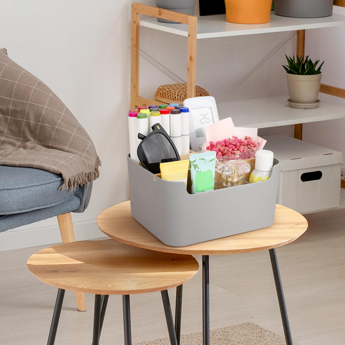 Segarty Gray Desk Storage Organizer, Detachable Divided Bamboo Remote Control Holder Caddy, Desktop