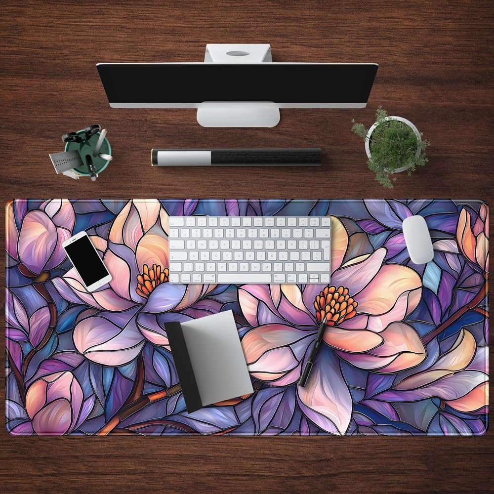 Floral Desk Mat Gaming Faux Stained Glass Artistic Patterns Large Mouse Pad