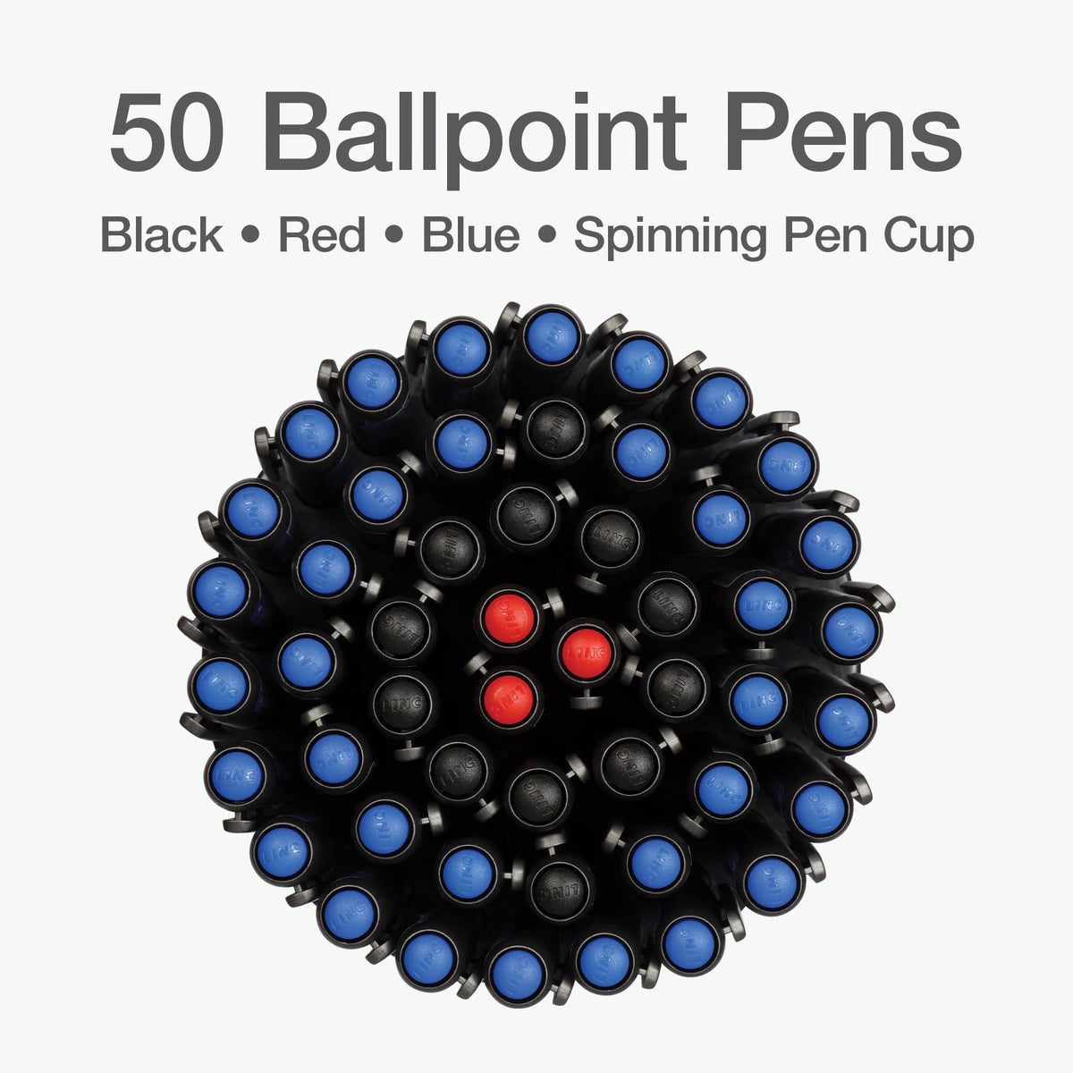 Pentonic Ballpoint Pens In Pen Organizer, Bulk 50 Count, Assorted Colored Ink (Red, Black, Blue)