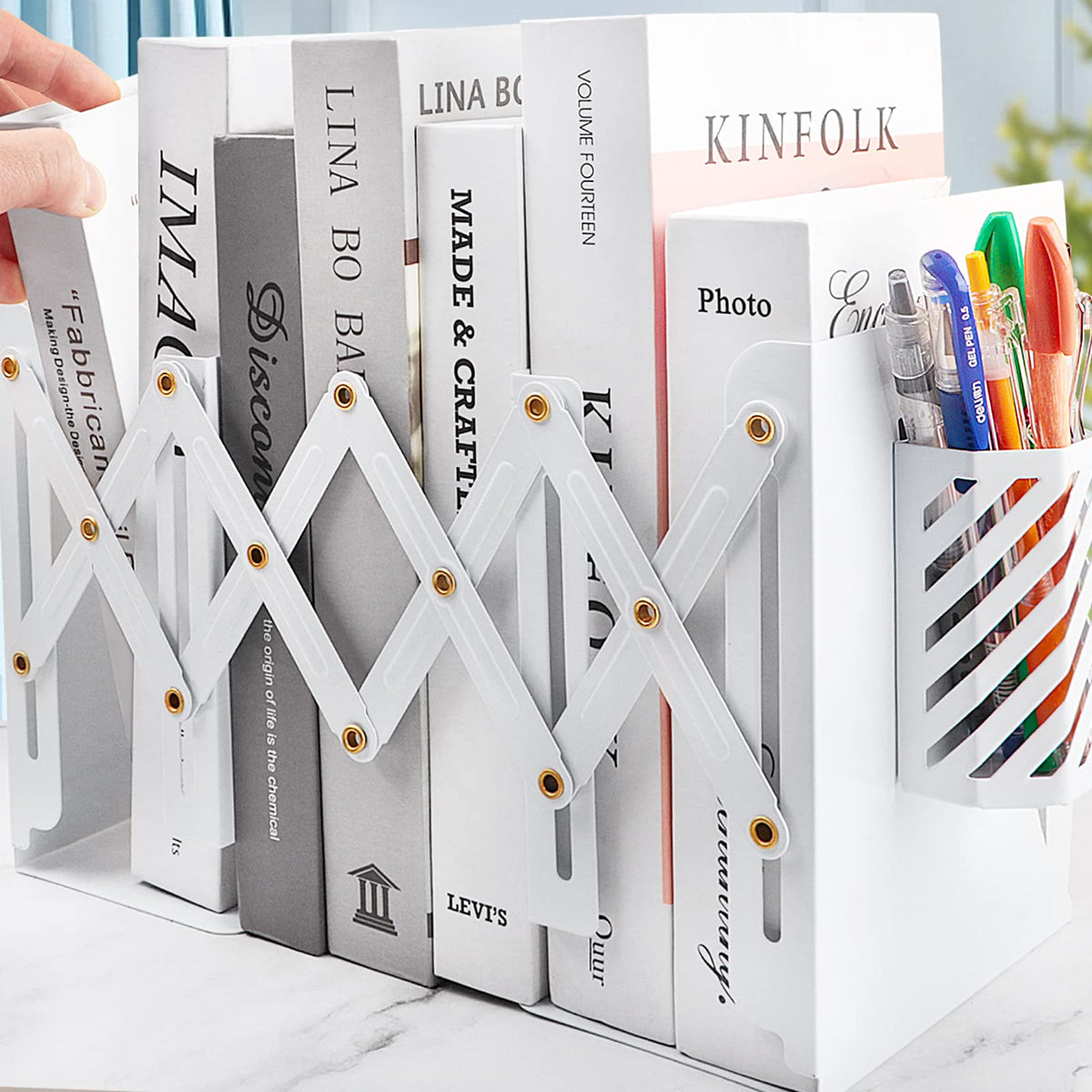 Heavy Duty Book Ends to Hold Books with Pen Holder, Adjustable Bookends, Metal Book Ends for