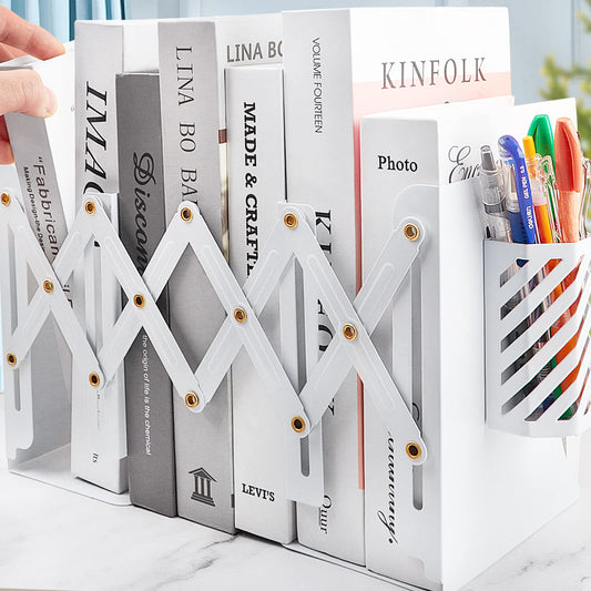Heavy Duty Book Ends to Hold Books with Pen Holder, Adjustable Bookends, Metal Book Ends for