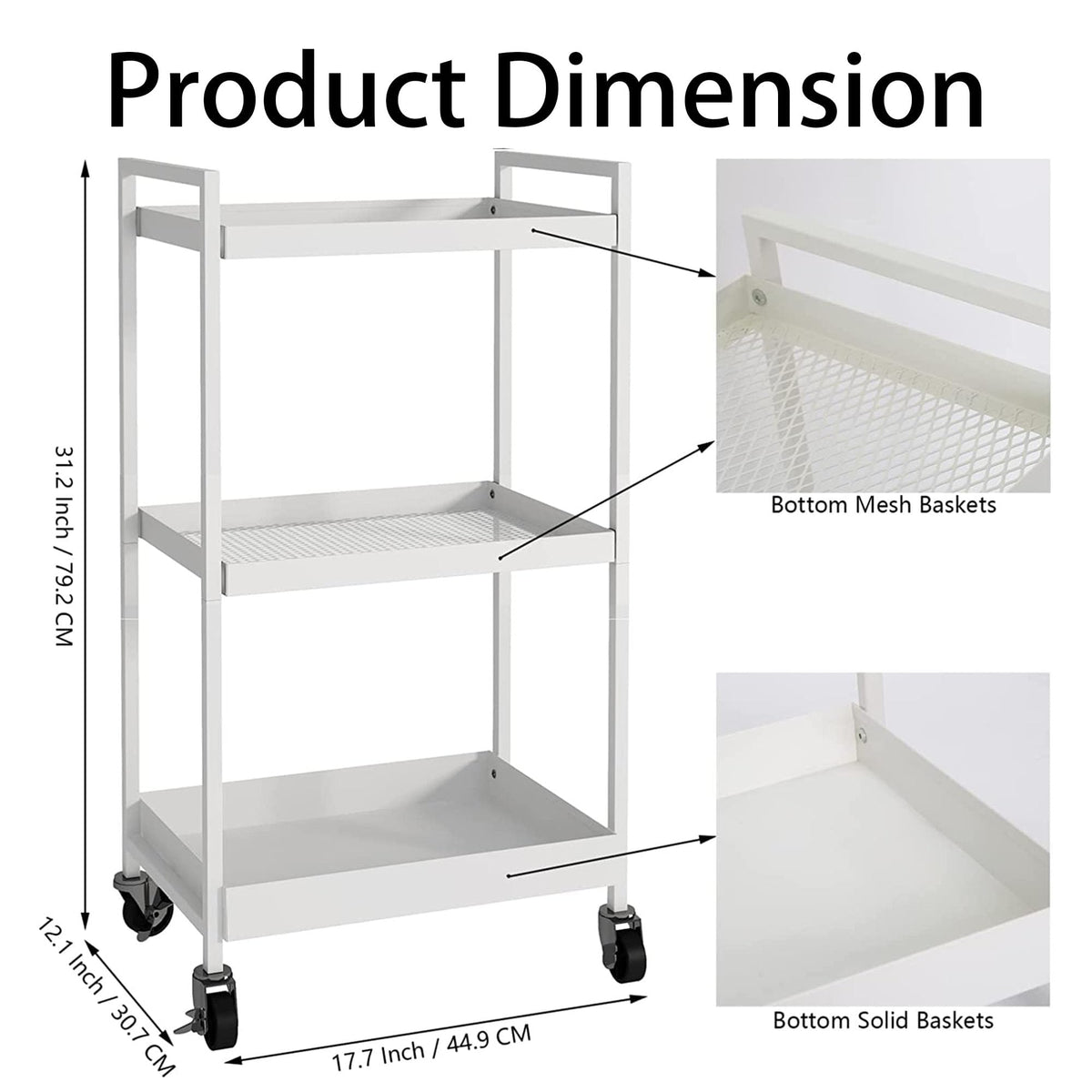 3-Tier Metal Utility Rolling Cart, Heavy Duty Multifunction Rectangular Cart with Lockable Casters