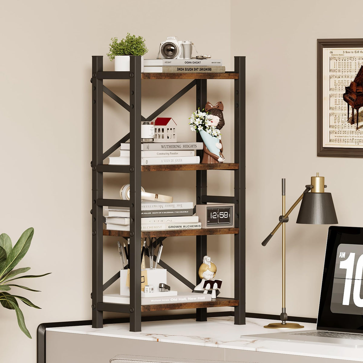 2-Pack Desktop Bookshelf, 4-Tier Stackable Narrow Bookcase, Adjustable Industrial Desk Organizer &