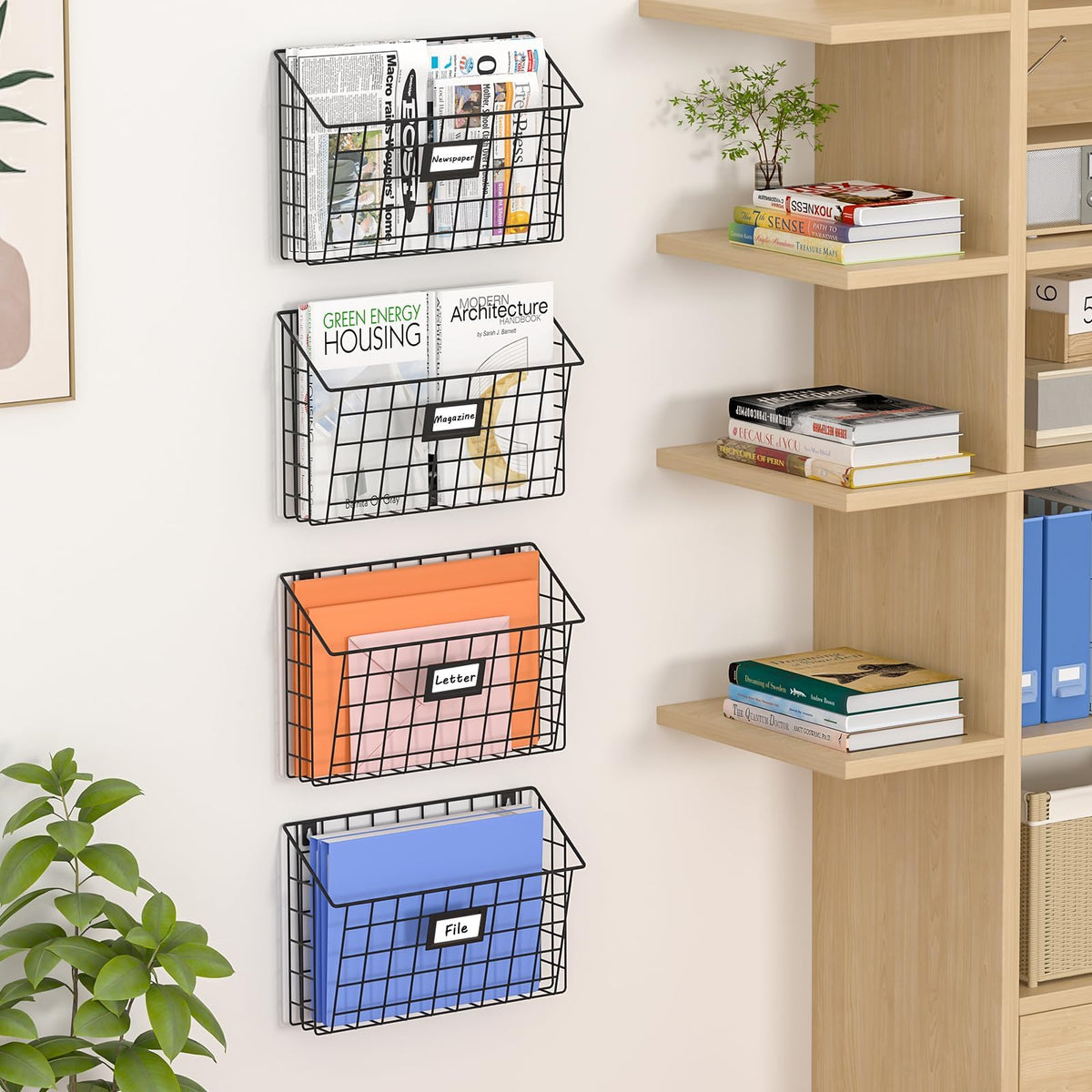 X-cosrack 4-Tier Hanging Wall File Holder Vertical Wall Mount Metal Wall File Organizer with Tag