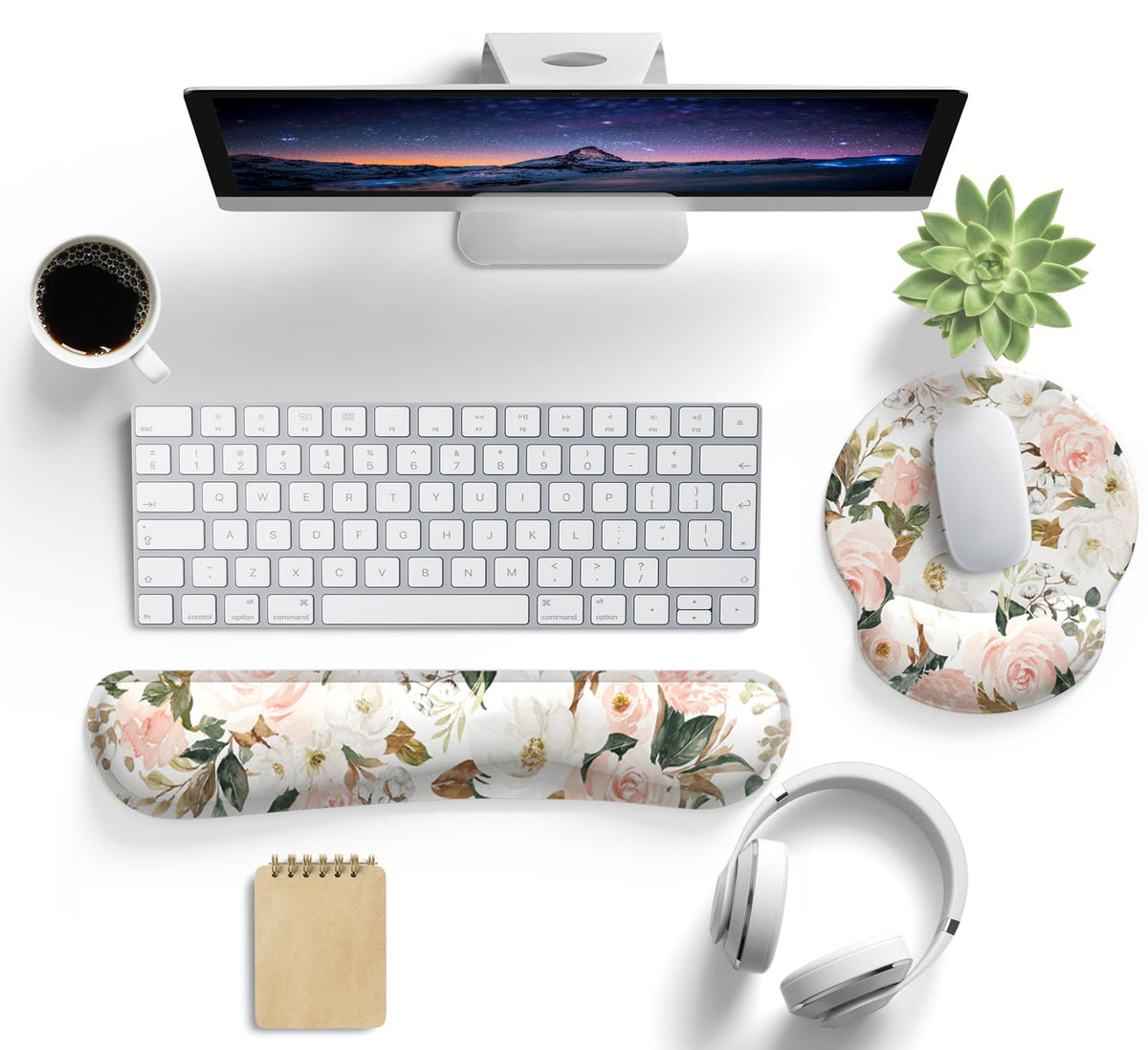 Pink Flower Desktop Mat Aesthetic Wrist Support Keyboard Mouse Wrist Rest Set, Computer Office